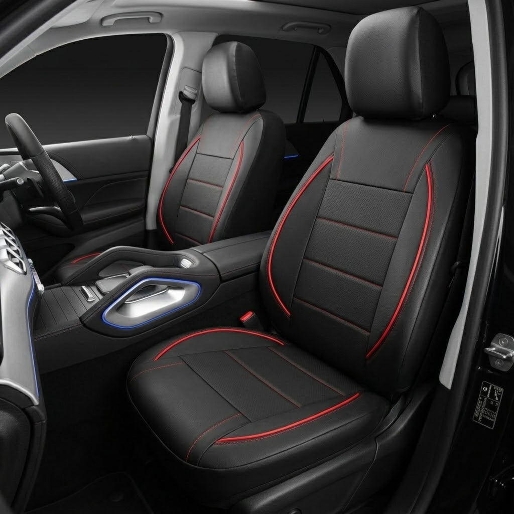 Black car seat covers with red contrast stitching installed on the front seats of a vehicle interior.