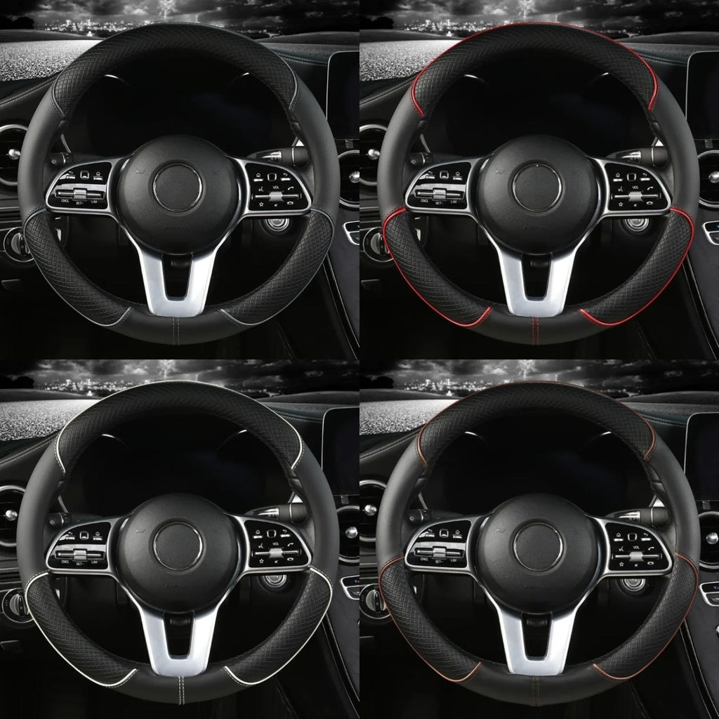 Diamond Leather Steering Wheel Cover shown in black, red, white and orange stitching colour options