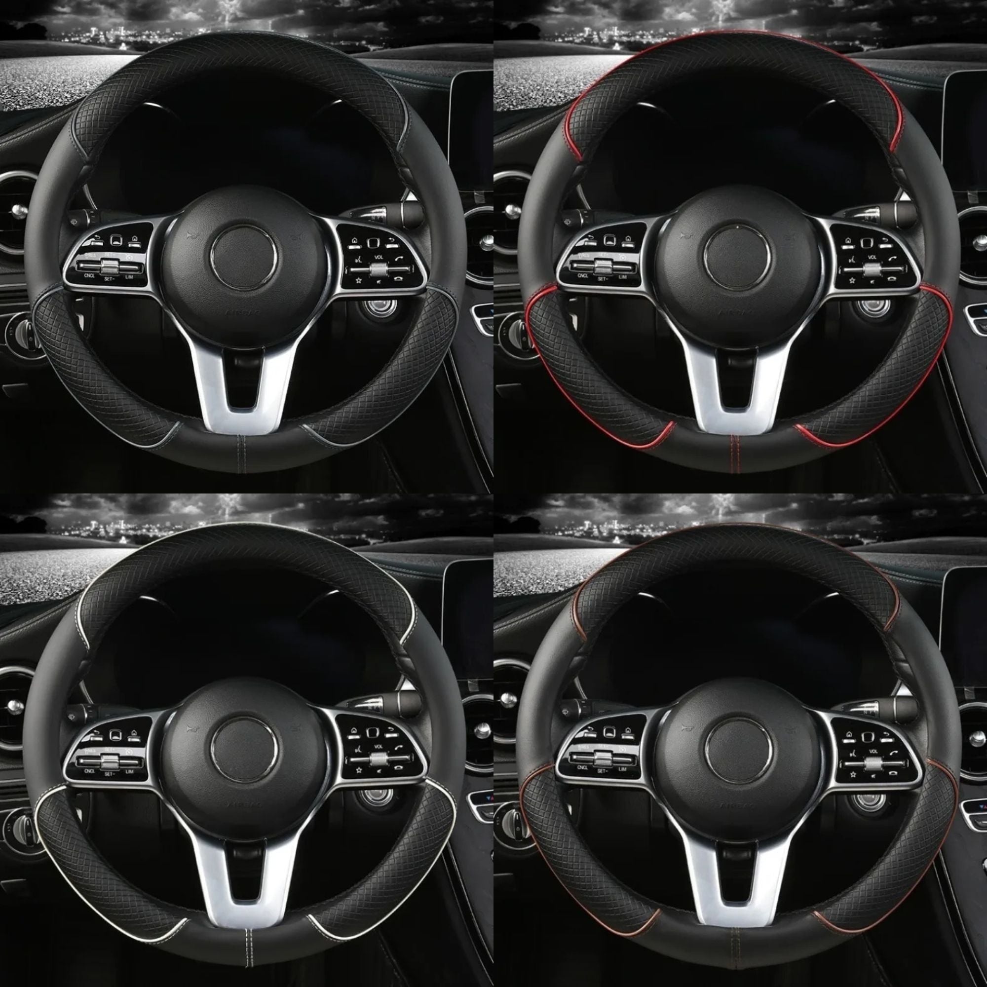 Diamond Leather Steering Wheel Cover shown in black, red, white and orange stitching colour options