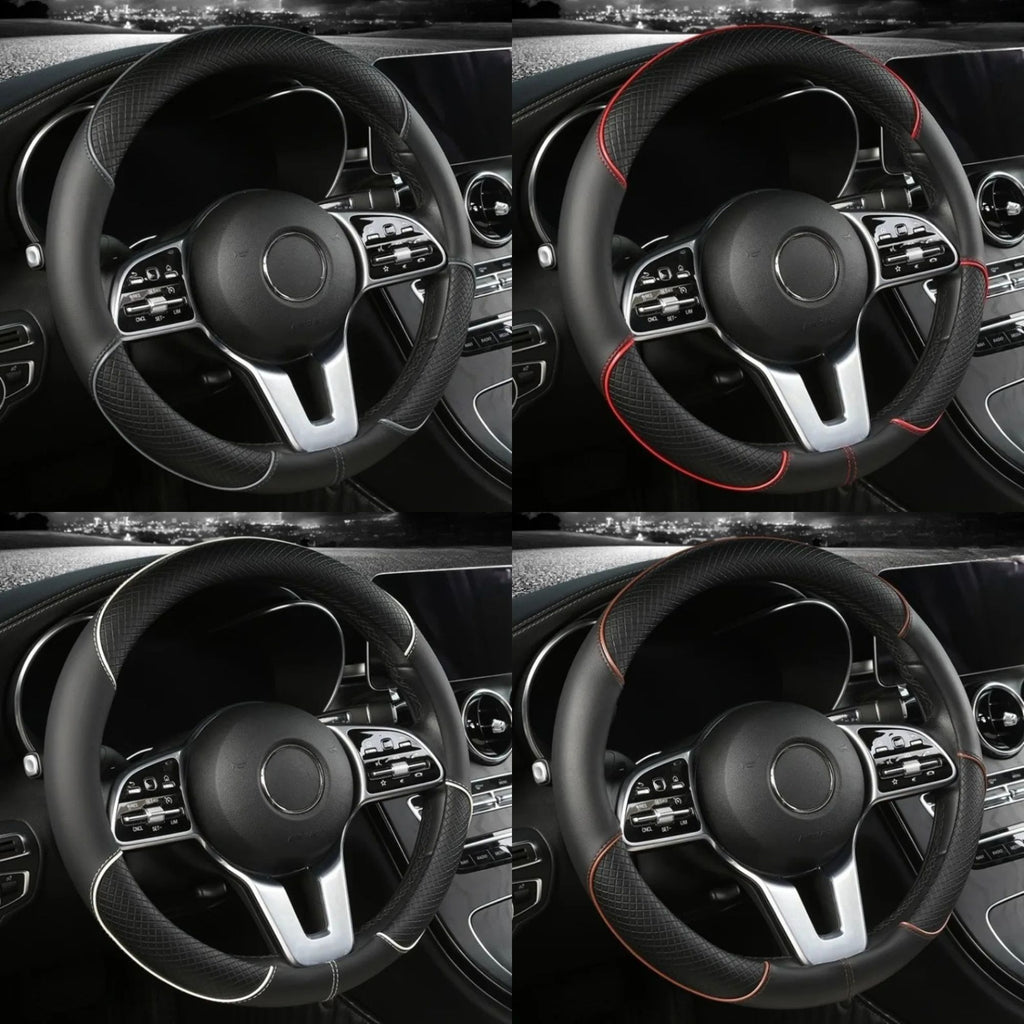 Diamond Leather Steering Wheel Cover shown in black, red, white and orange stitching colour options, side angle