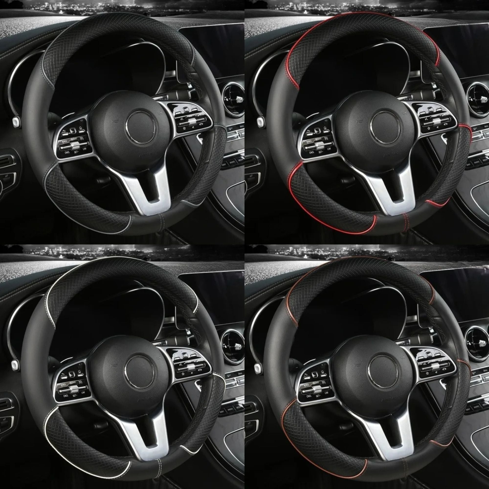 Diamond Leather Steering Wheel Cover shown in black, red, white and orange stitching colour options, side angle