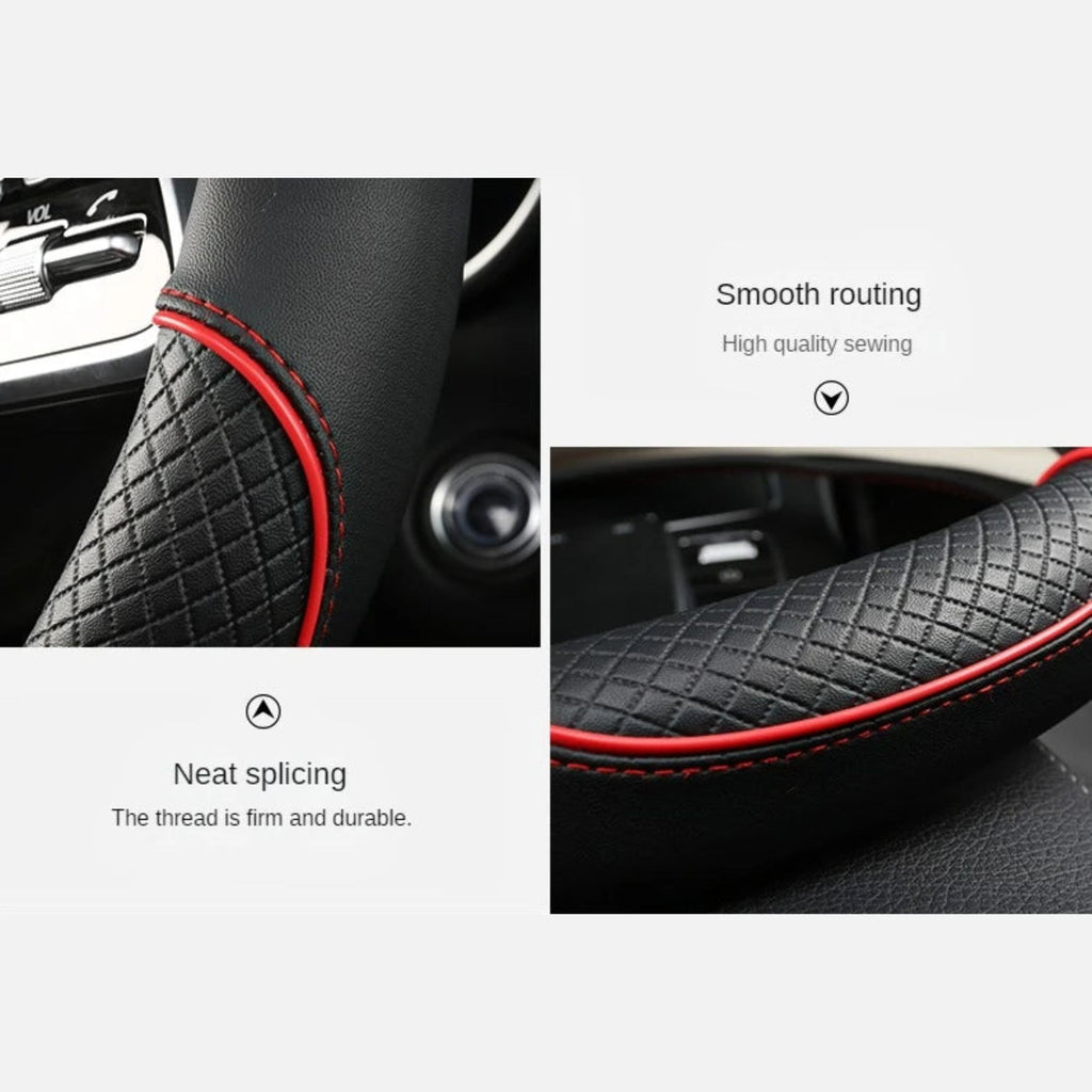 Close-up of the Diamond Leather Steering Wheel Cover's smooth routing and neat stitching splices