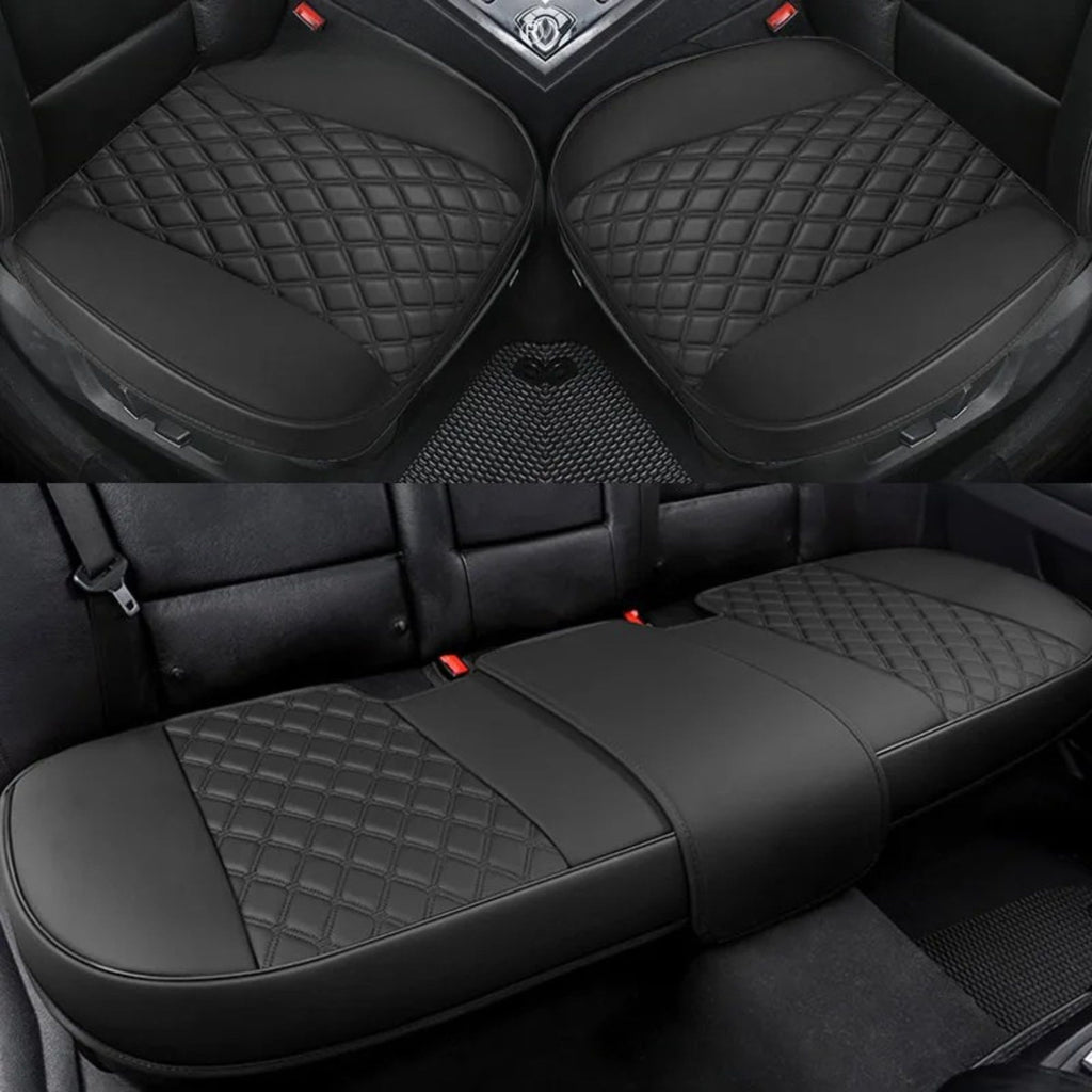 Matching Nexura Auto leather seat covers fitted to a car's front seats and rear bench.