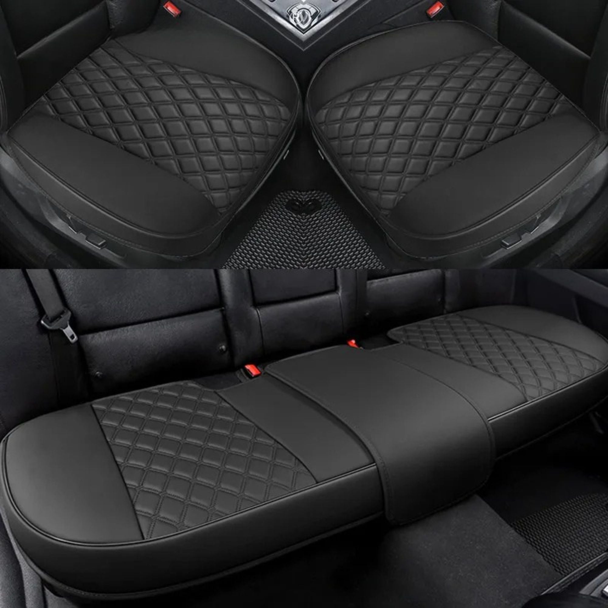 Matching Nexura Auto leather seat covers fitted to a car's front seats and rear bench.