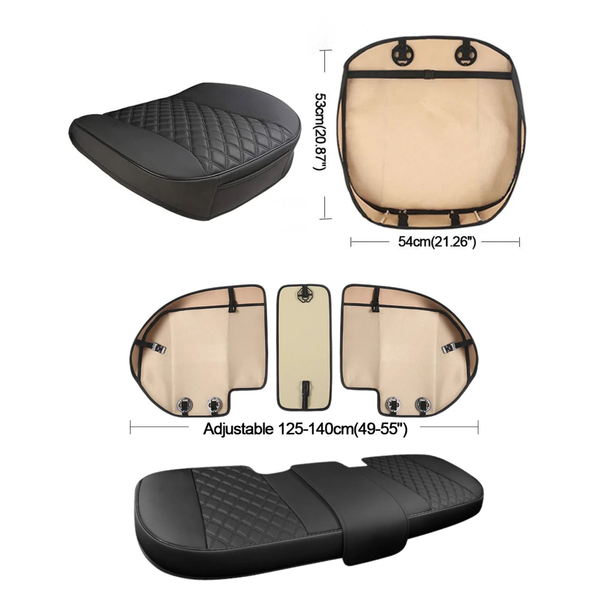 Nexura Auto leather seat cover set with dimensions: 53 by 54cm front seat cover and an adjustable 125 to 140cm rear bench cover.