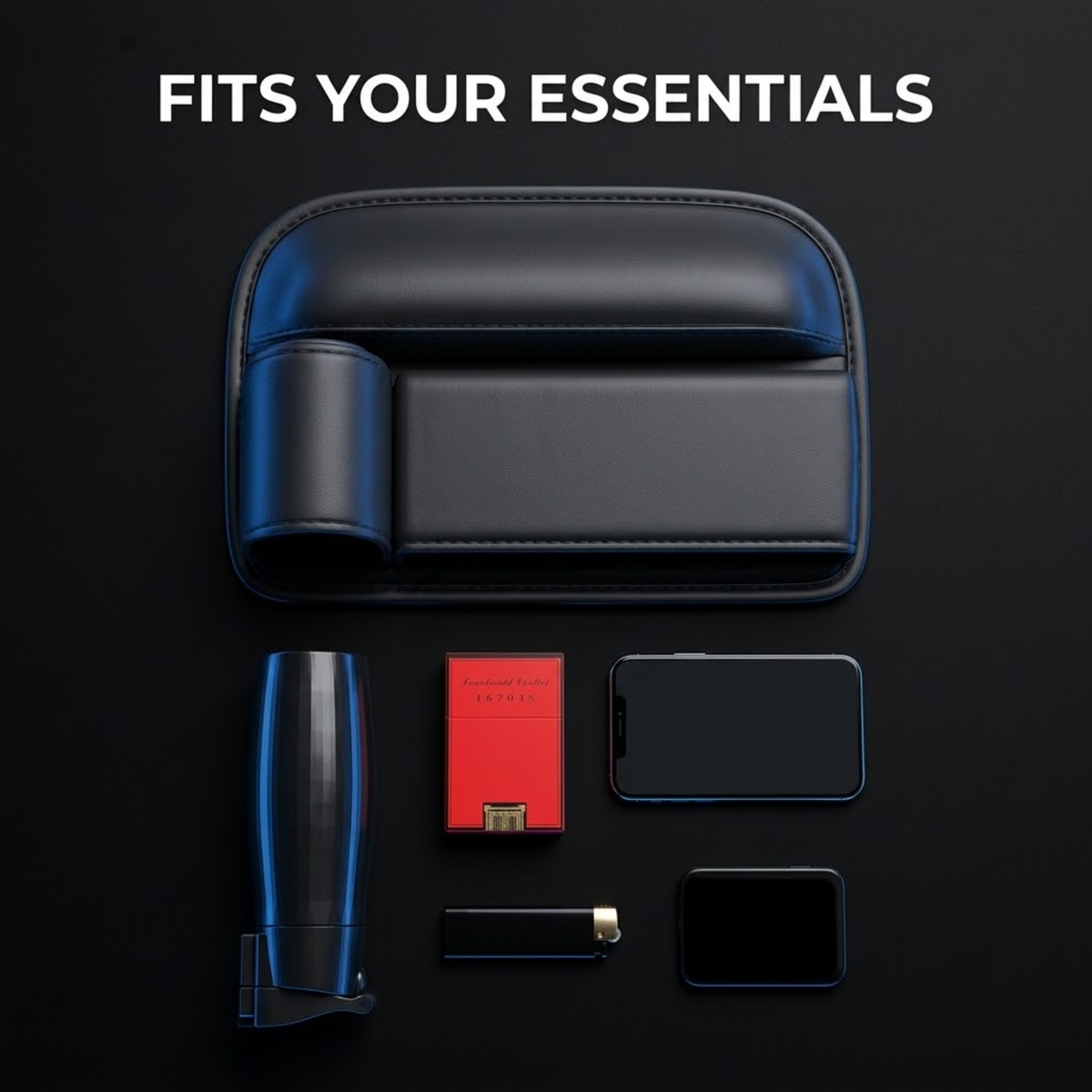 A black leather essential accessories pouch displayed on a dark background with the text 'FITS YOUR ESSENTIALS' at the top. Below the pouch are several included accessories arranged neatly: a blue cylindrical item, a red rectangular item, a black smartphone, a small black rectangular item, and a black lighter.