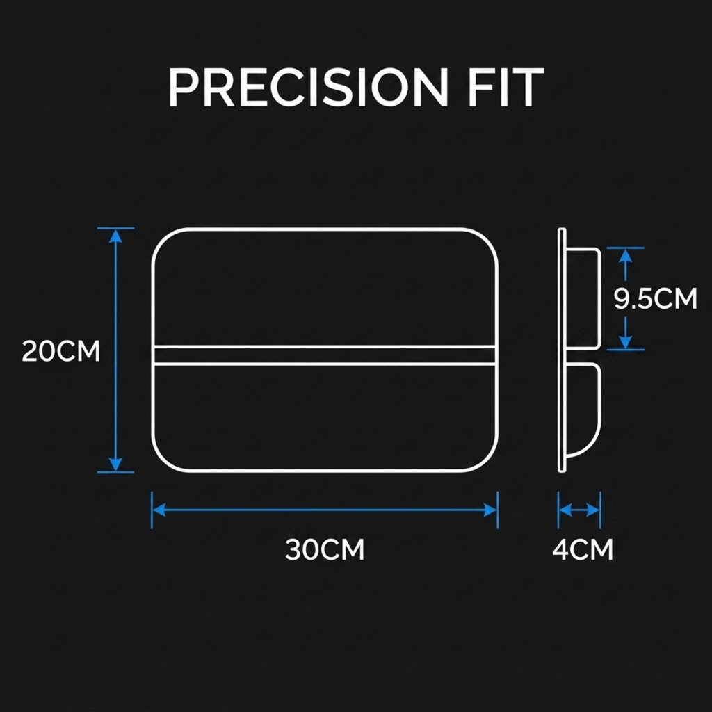 Precision fit dimension diagram showing a rectangular wall-mounted fixture with rounded corners, labeled 20CM tall, 30CM wide, and 4CM deep, plus a side profile labeled 9.5CM and 9.