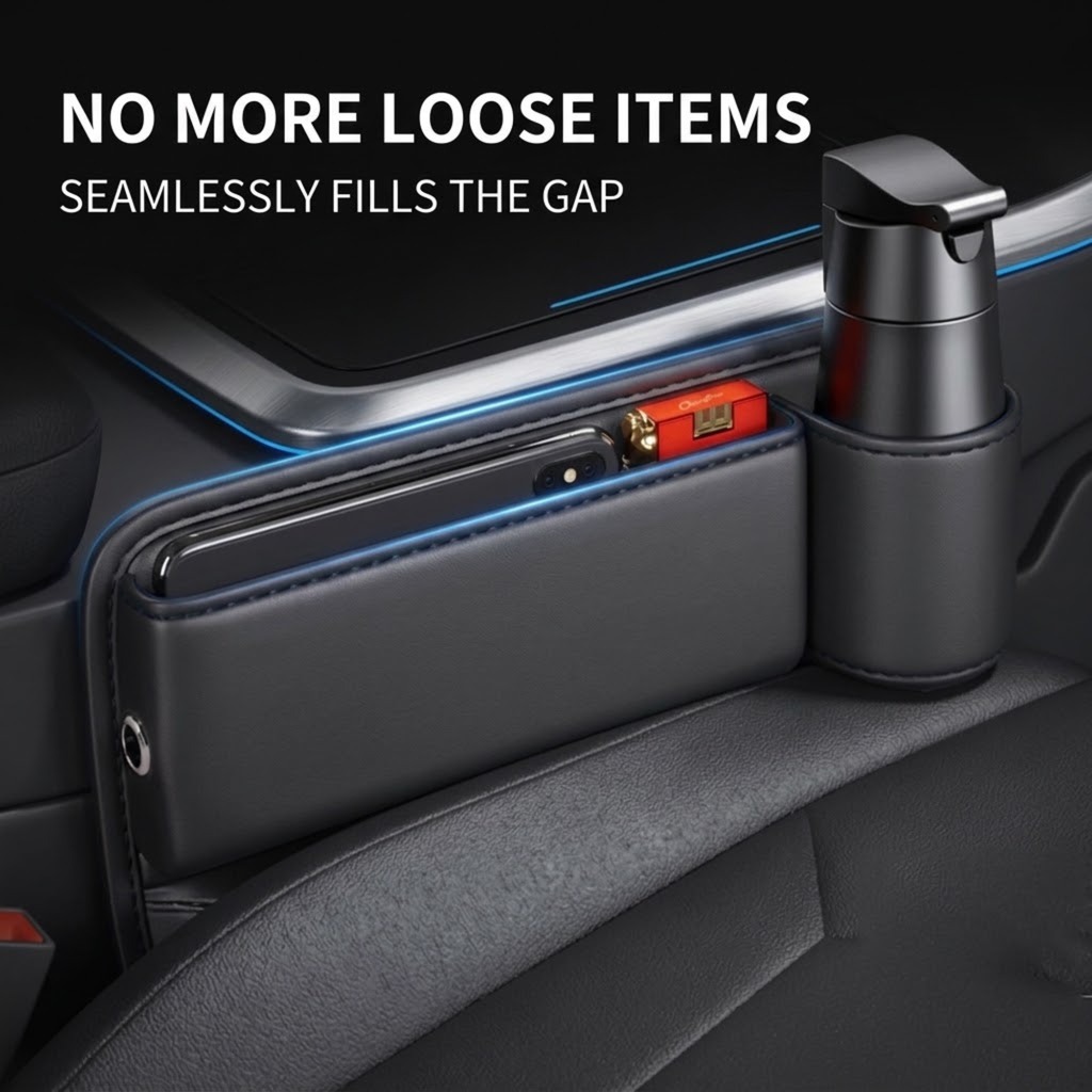 A black car interior organizer pocket mounted on a seat, holding a smartphone and a small red item, with a matching black bottle holder cup beside it. White text at the top reads 'NO MORE LOOSE ITEMS' and 'SEAMLESSLY FILLS THE GAP'.