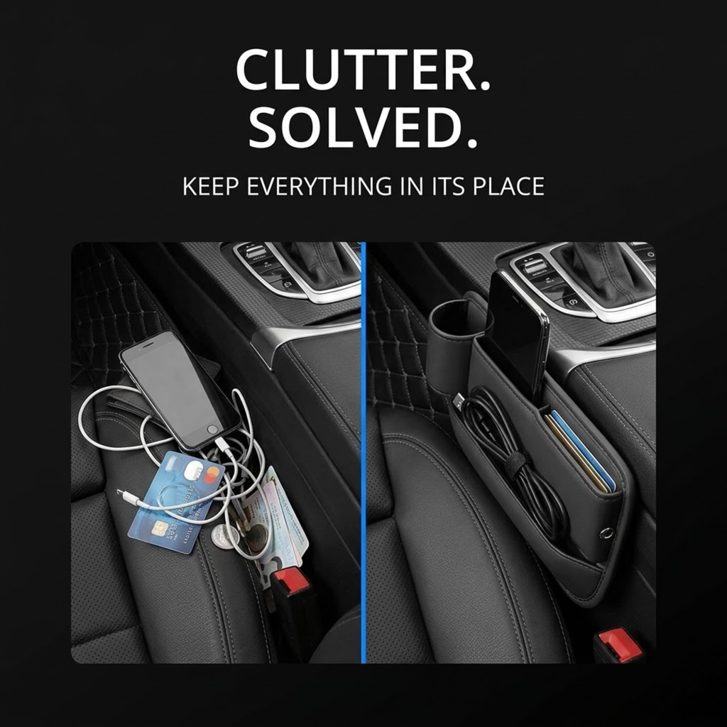A promotional graphic showing a car center console organizer insert with a before-and-after style comparison. The left side shows cluttered items like a smartphone, charging cables, cards, and keys on the seat; the right side shows the same organizer holding a phone, cup holder, cables, and cards neatly.