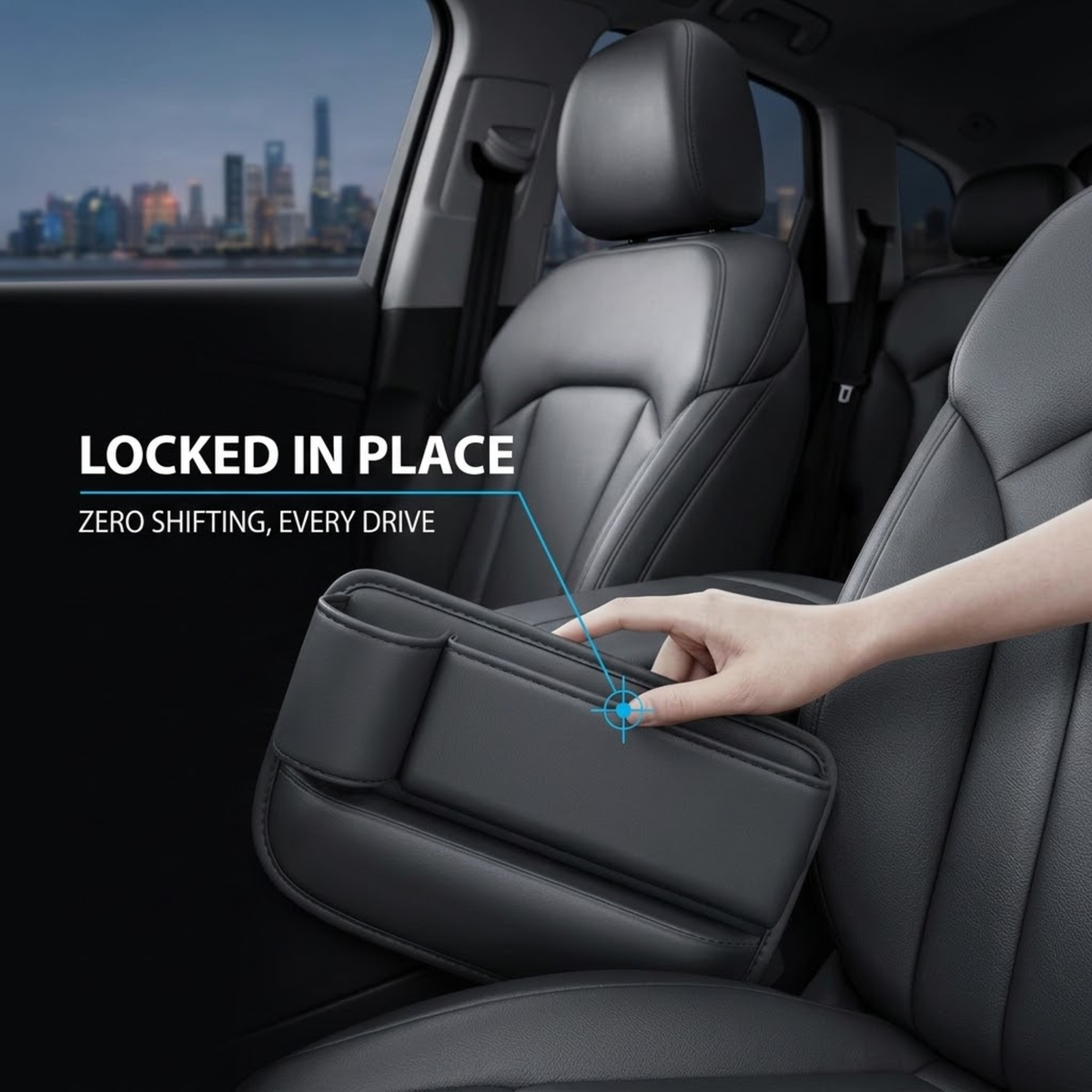 A hand inserts a black car seat belt anchor into the center armrest of a black leather car interior, with text overlay reading 'LOCKED IN PLACE' and 'ZERO SHIFTING, EVERY DRIVE'.