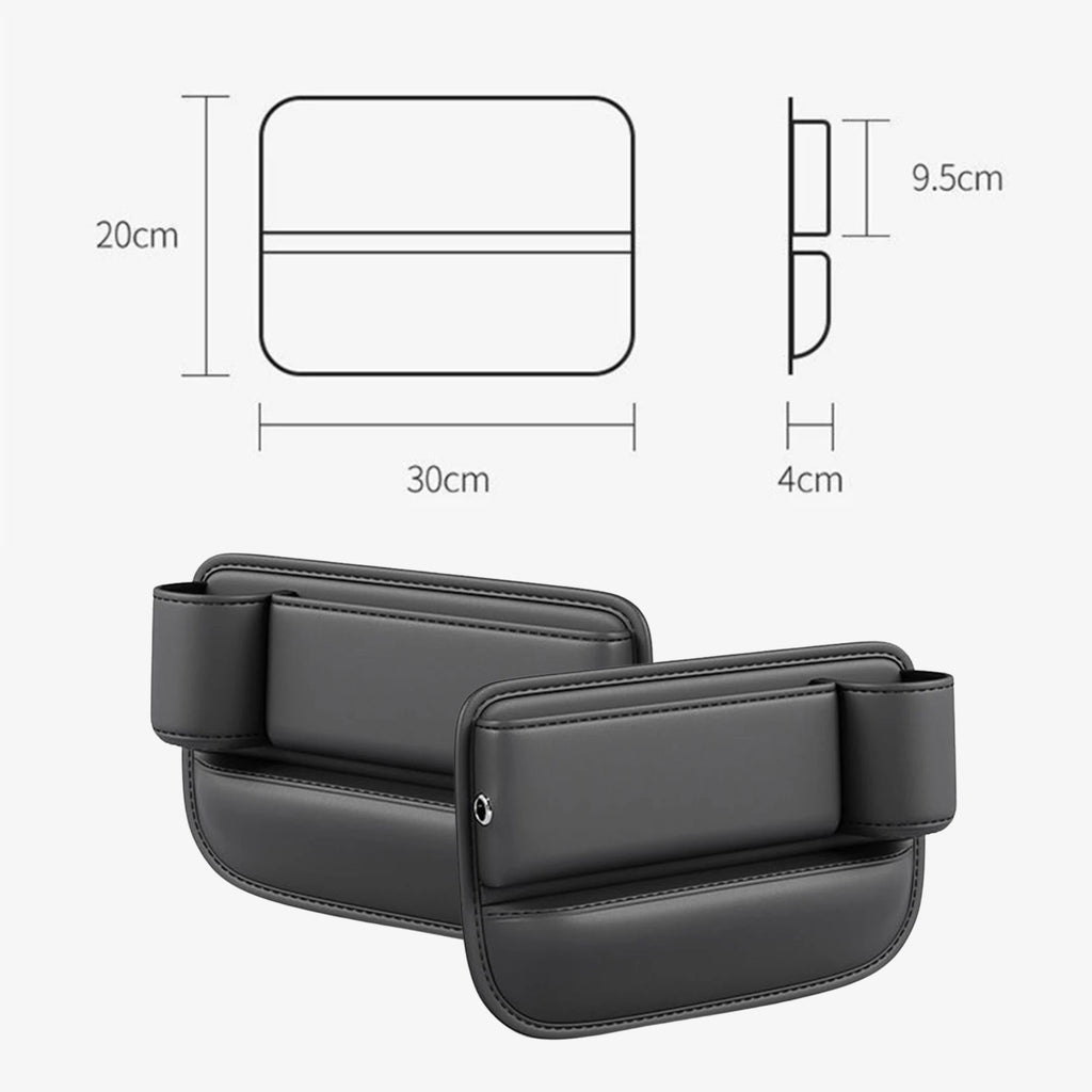 Technical dimension diagram of the leather seat gap organiser showing length, width and height measurements, with two units stacked below for scale.