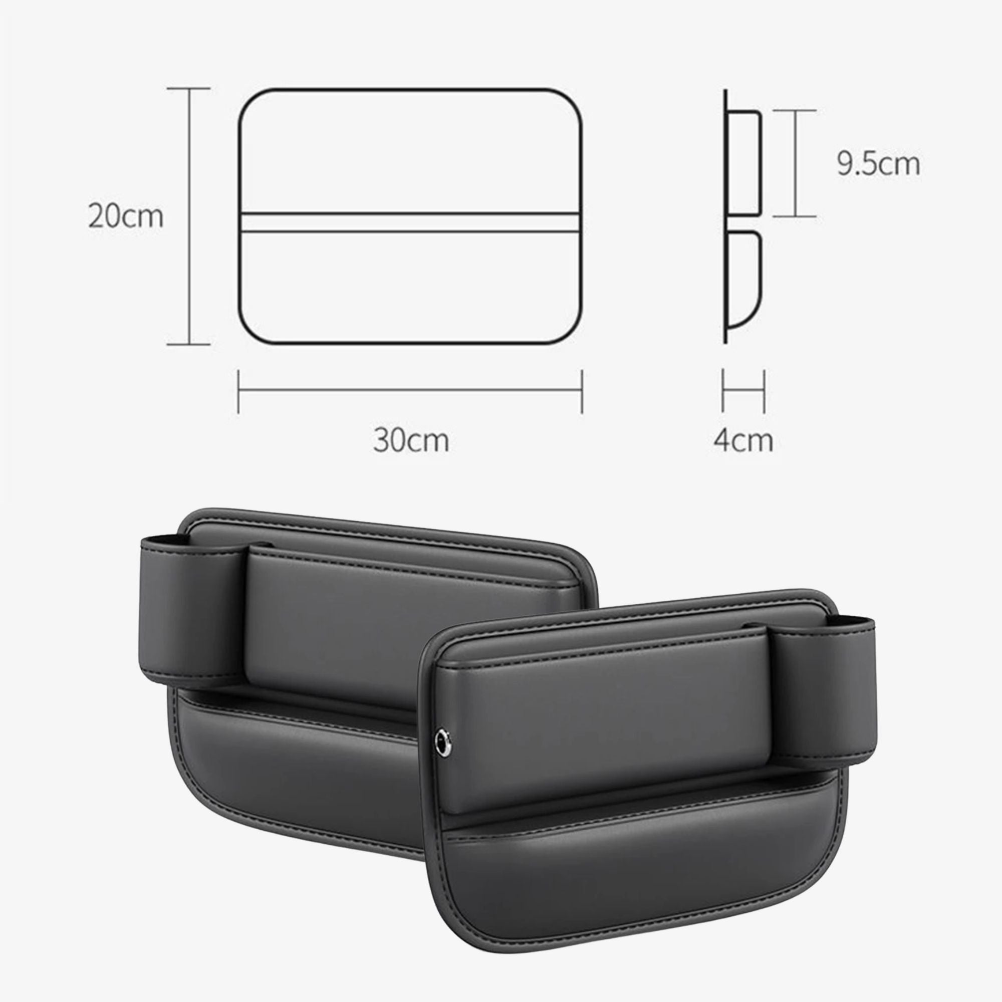 Technical dimension diagram of the leather seat gap organiser showing length, width and height measurements, with two units stacked below for scale.