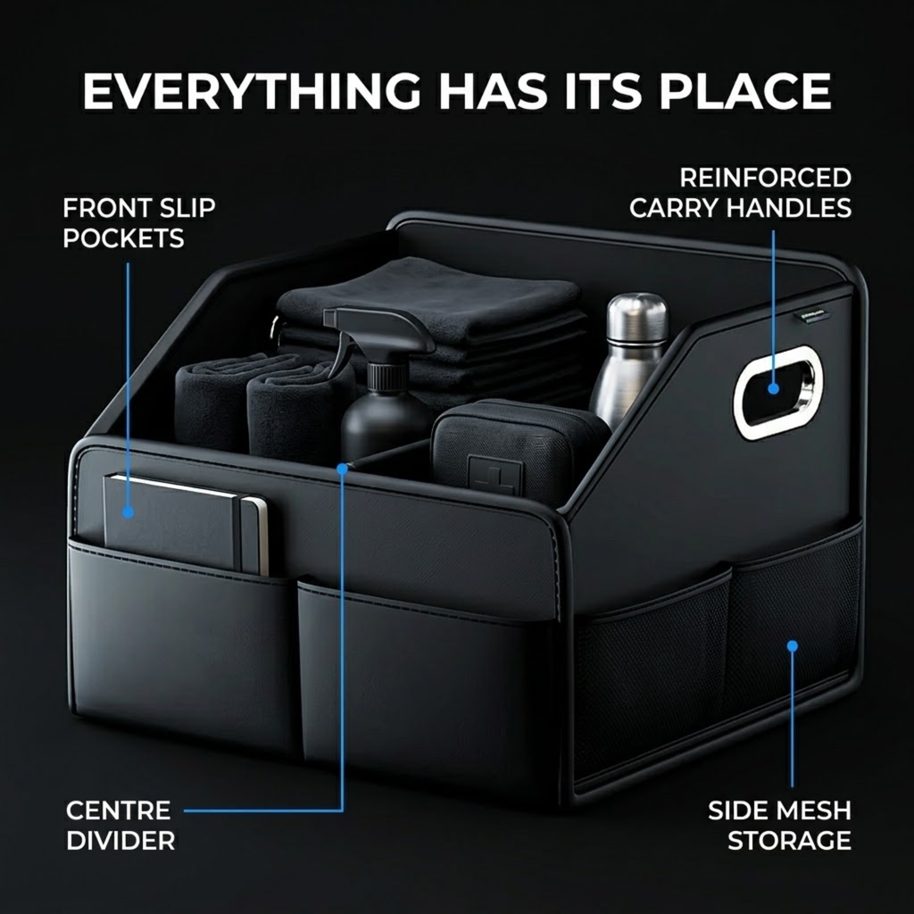 Leather Boot Organiser packed with car care items, showing front slip pockets, centre divider, side mesh storage and carry handles