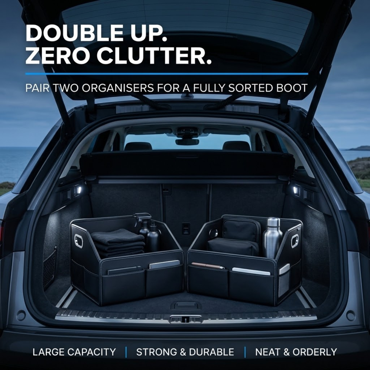 Two black Leather Boot Organisers side by side holding towels and drink bottles in the open boot of an SUV