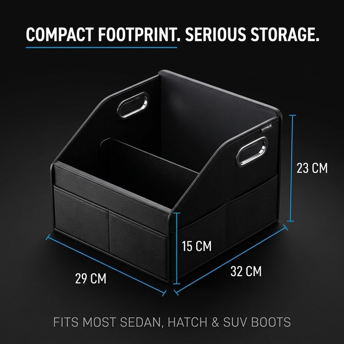 Empty black Leather Boot Organiser with 29 cm, 32 cm, 23 cm and 15 cm dimensions marked