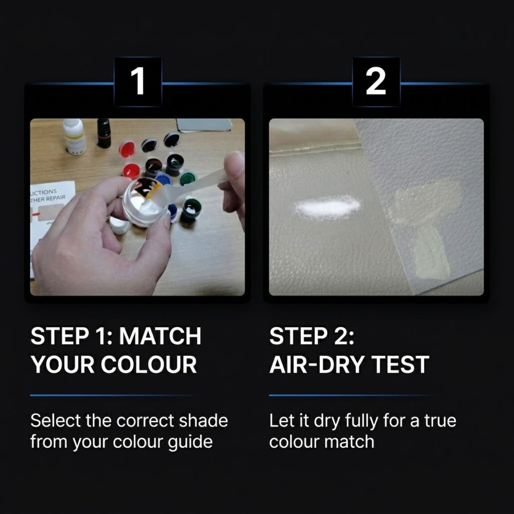 Two-step guide on how to match and test the color of a faux leather material. Step 1 shows a hand holding a small paint pot over a color guide, and Step 2 shows a close-up of a beige faux leather surface with a white paint swatch applied to demonstrate the color match.