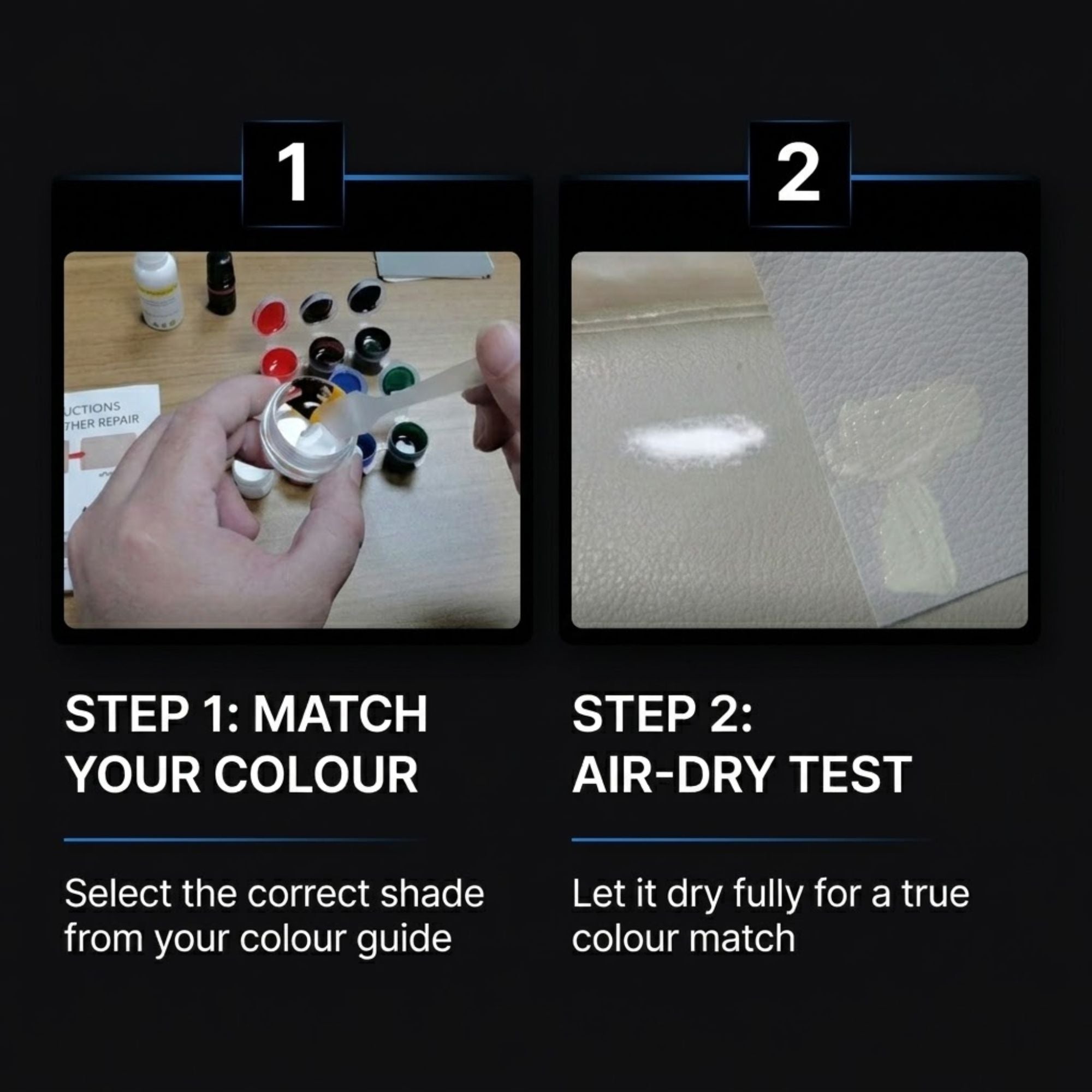 Two-step guide on how to match and test the color of a faux leather material. Step 1 shows a hand holding a small paint pot over a color guide, and Step 2 shows a close-up of a beige faux leather surface with a white paint swatch applied to demonstrate the color match.