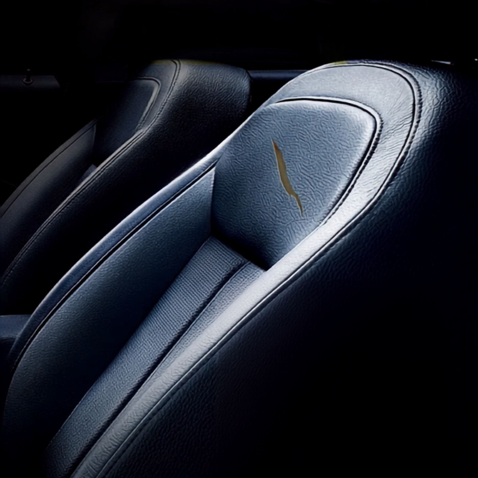 Close-up of a dark leather car seat with a small gold wing emblem on the headrest, photographed in a dim interior setting.