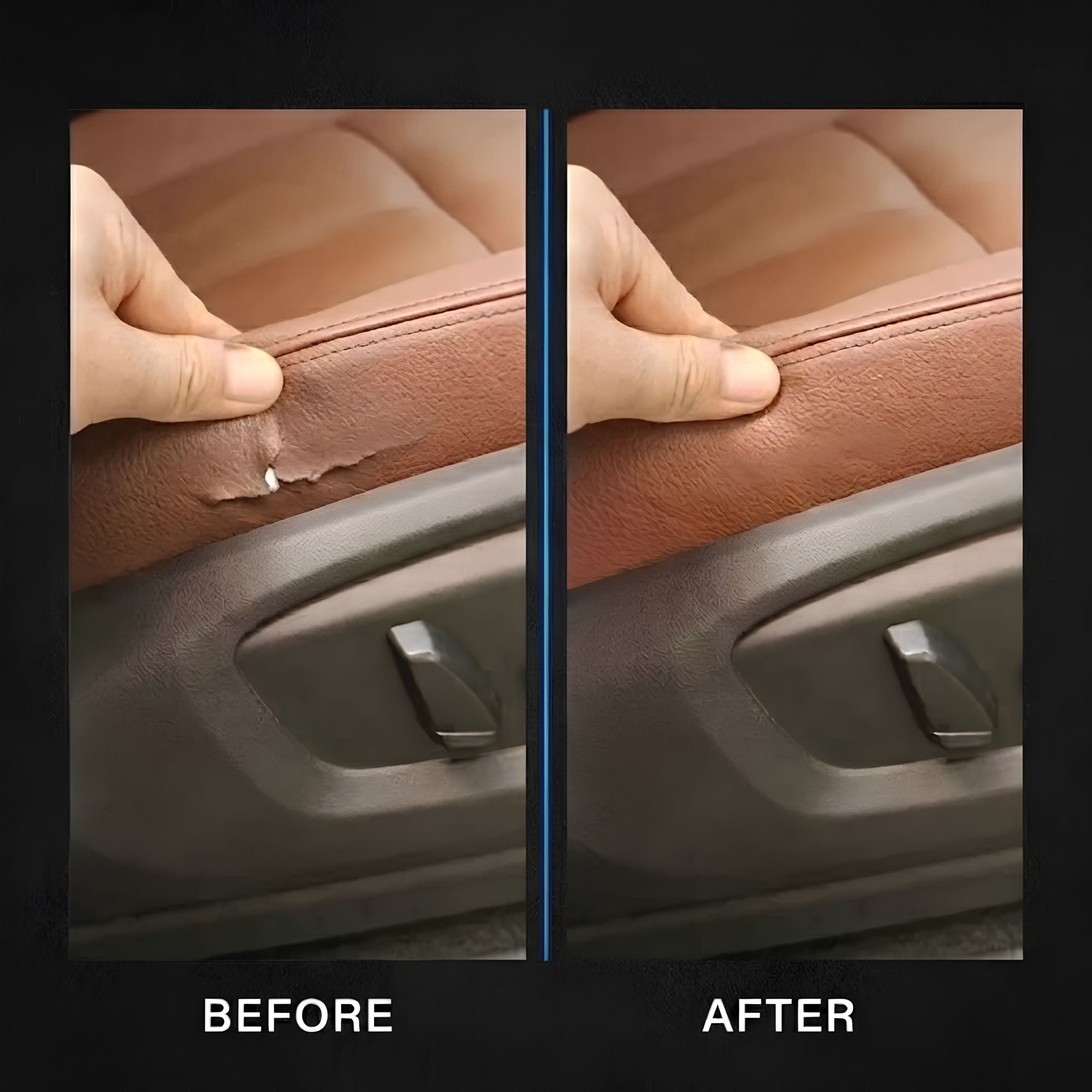 A side-by-side before and after comparison showing a hand peeling back a damaged brown leather car seat cover, with the repaired area visible in the after panel.