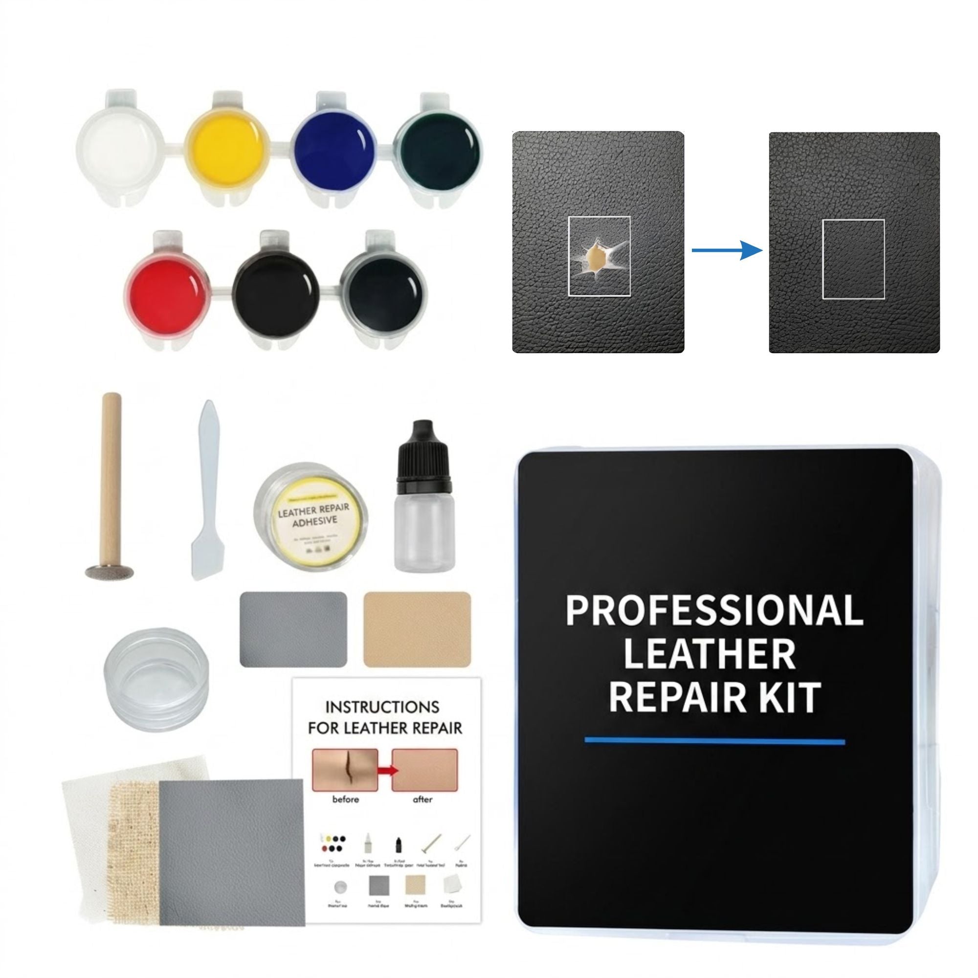 Leather repair kit components arranged on a white background, including multiple color paint pots, textured black leather patches, a small brush, adhesive, a bottle, instruction sheet, and a large black box labeled 'PROFESSIONAL LEATHER REPAIR KIT'.