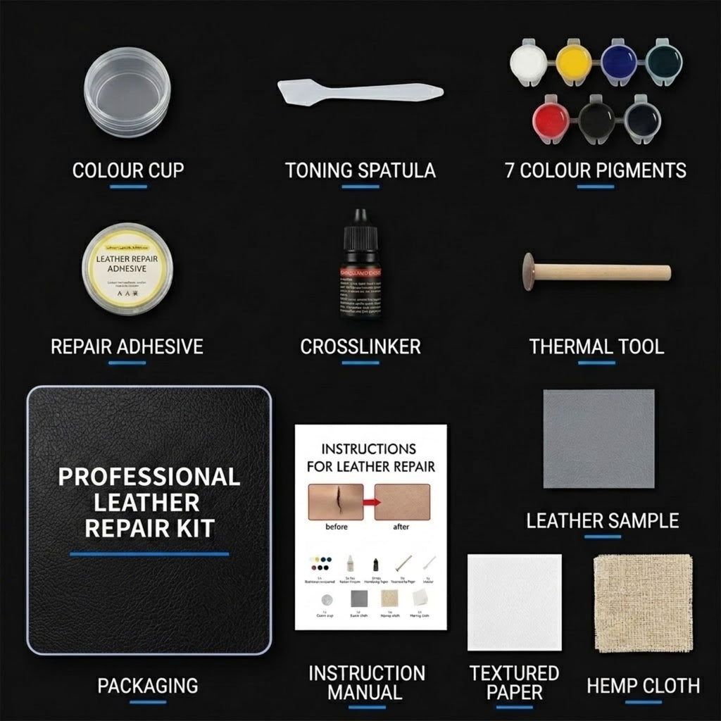 A leather repair kit laid out on a black background, including a color cup, toning spatula, seven color pigments, repair adhesive, crosslinker, thermal tool, leather sample, textured paper, hemp cloth, instruction manual, and packaging.