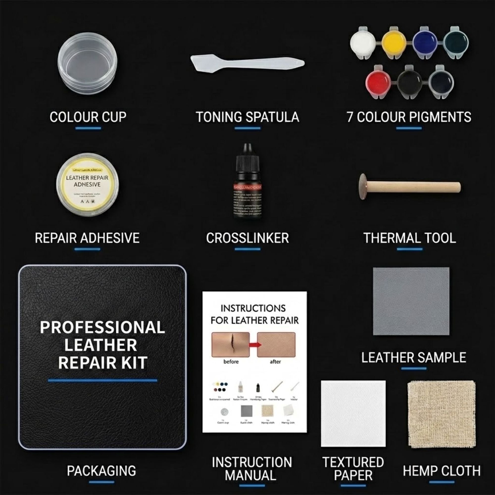 A leather repair kit laid out on a black background, including a color cup, toning spatula, seven color pigments, repair adhesive, crosslinker, thermal tool, leather sample, textured paper, hemp cloth, instruction manual, and packaging.