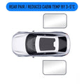 Top-down view of a white car with a dark sunroof, shown on a white background with a blue text banner reading 'REAR PAIR / REDUCES CABIN TEMP BY 3-5°C' and two mirror-like rectangular graphics indicating rear window visor or sunshade application areas.