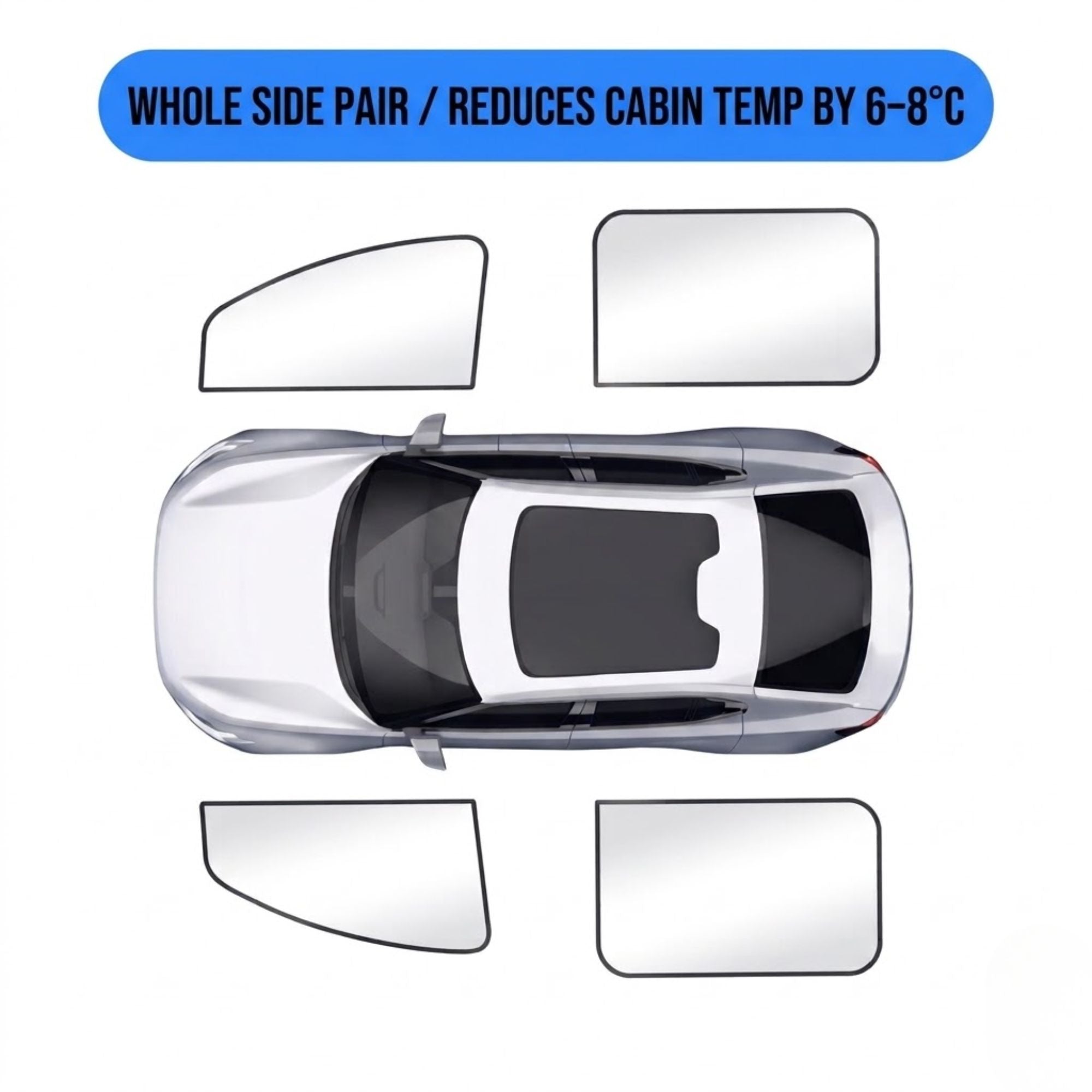 Top-down diagram of a car with four clear side window film pieces shown around the vehicle, plus a blue text banner reading 'WHOLE SIDE PAIR / REDUCES CABIN TEMP BY 6-8°C'.