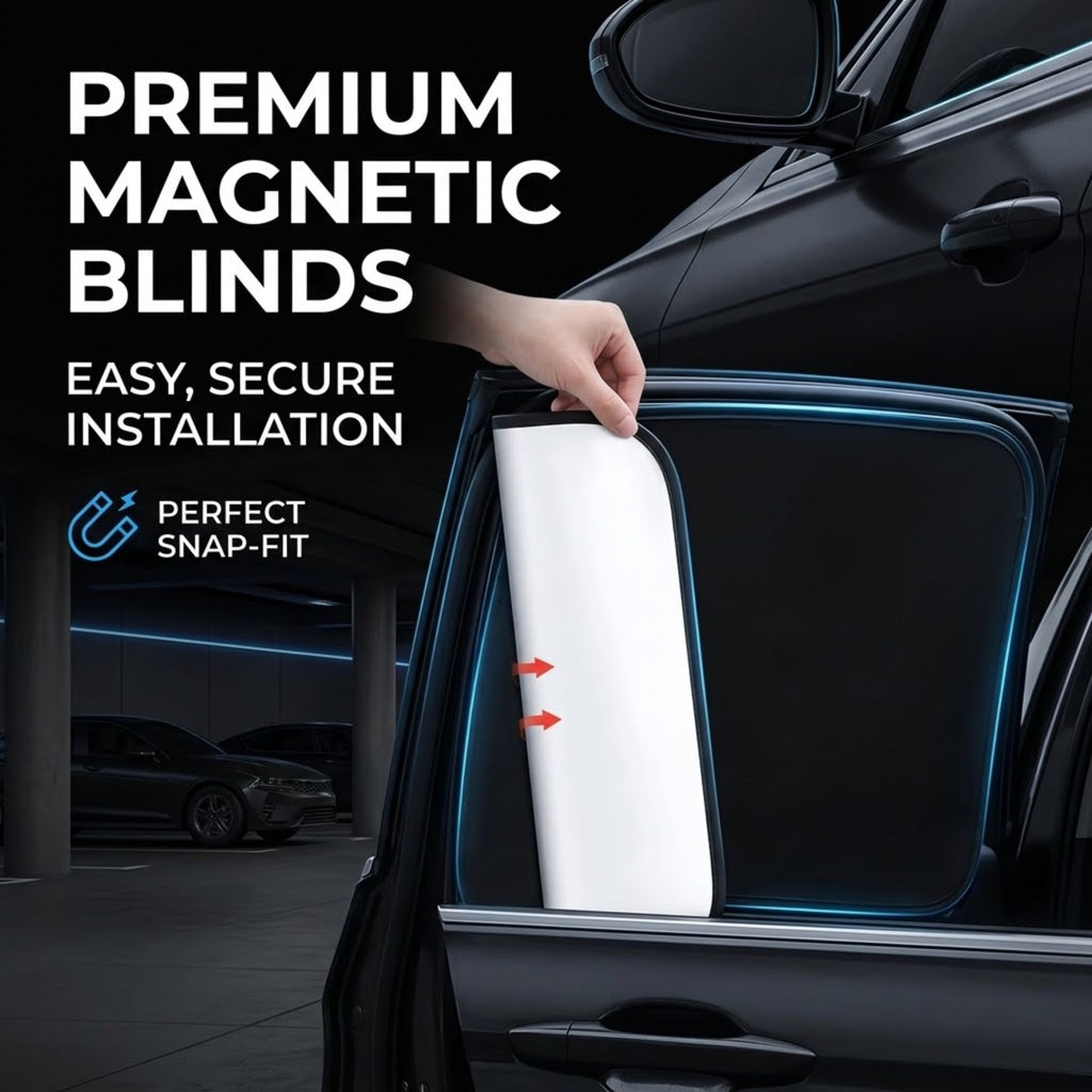 A hand is demonstrating the installation of a white magnetic car window blind on a black car door in a dark parking garage. The image features promotional text reading 'PREMIUM MAGNETIC BLINDS', 'EASY, SECURE INSTALLATION', and 'PERFECT SNAP-FIT'.