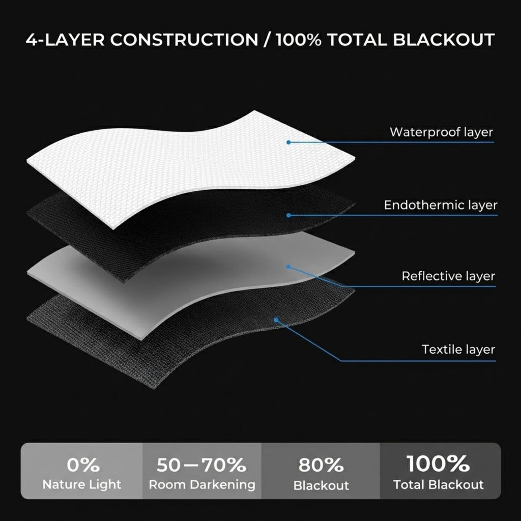 A black promotional graphic showing a layered blackout blanket with labeled sections: Waterproof layer, Endothermic layer, Reflective layer, and Textile layer. The image includes text stating '4-LAYER CONSTRUCTION / 100% TOTAL BLACKOUT' and a dark gray bar at the bottom with blackout percentage claims.