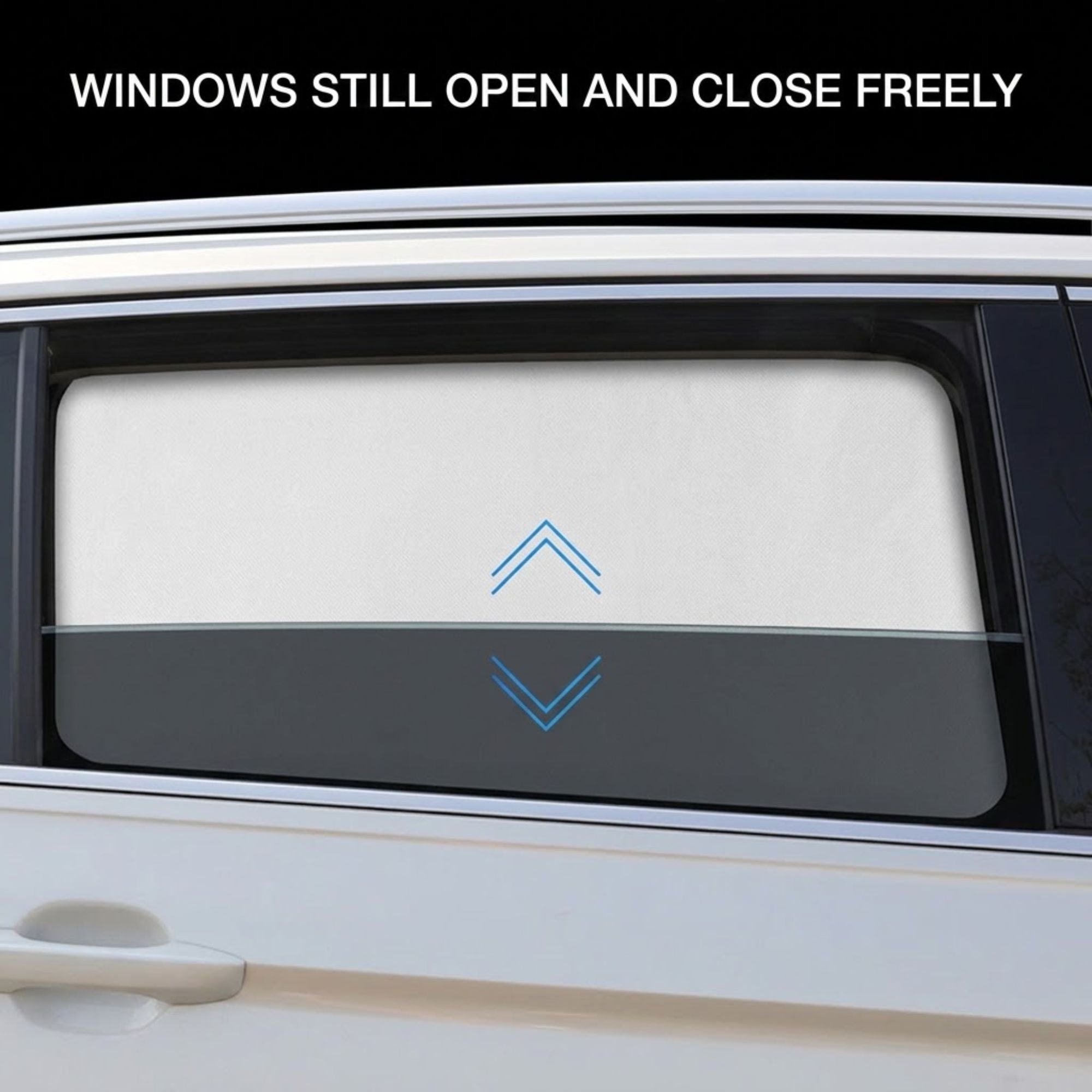 Close-up of a car window shade or sunshade installed in a rear side window, with blue arrow graphics indicating up and down movement. Text at the top reads 'WINDOWS STILL OPEN AND CLOSE FREELY.