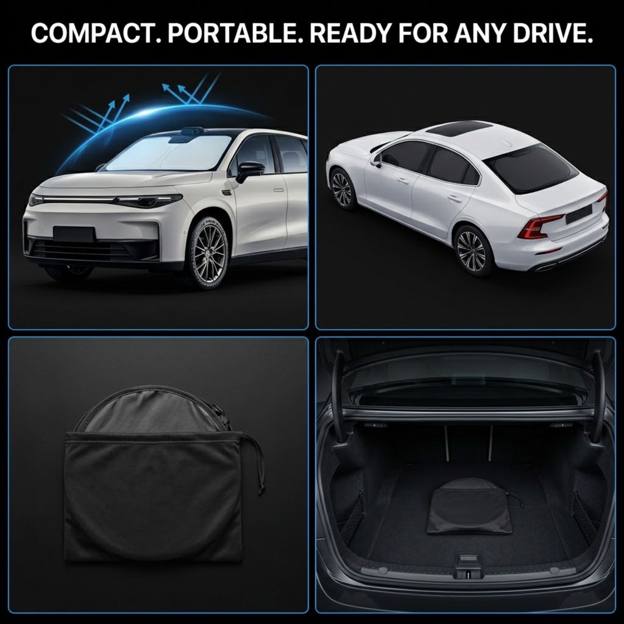 A car trunk storage organizer shown in a four-panel promotional graphic. The top text reads 'COMPACT.