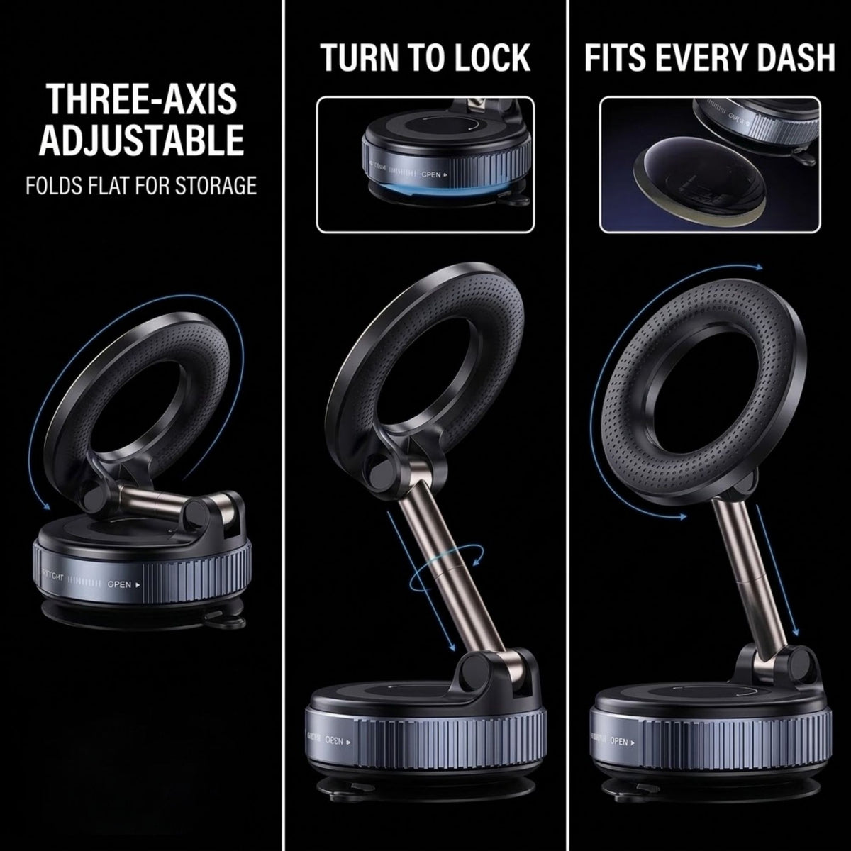 Three-panel product feature graphic for a black adjustable windshield wiper mount on a black background. Text reads 'THREE-AXIS ADJUSTABLE', 'TURN TO LOCK', and 'FITS EVERY DASH', with inset close-ups and circular diagrams showing adjustability and fit.