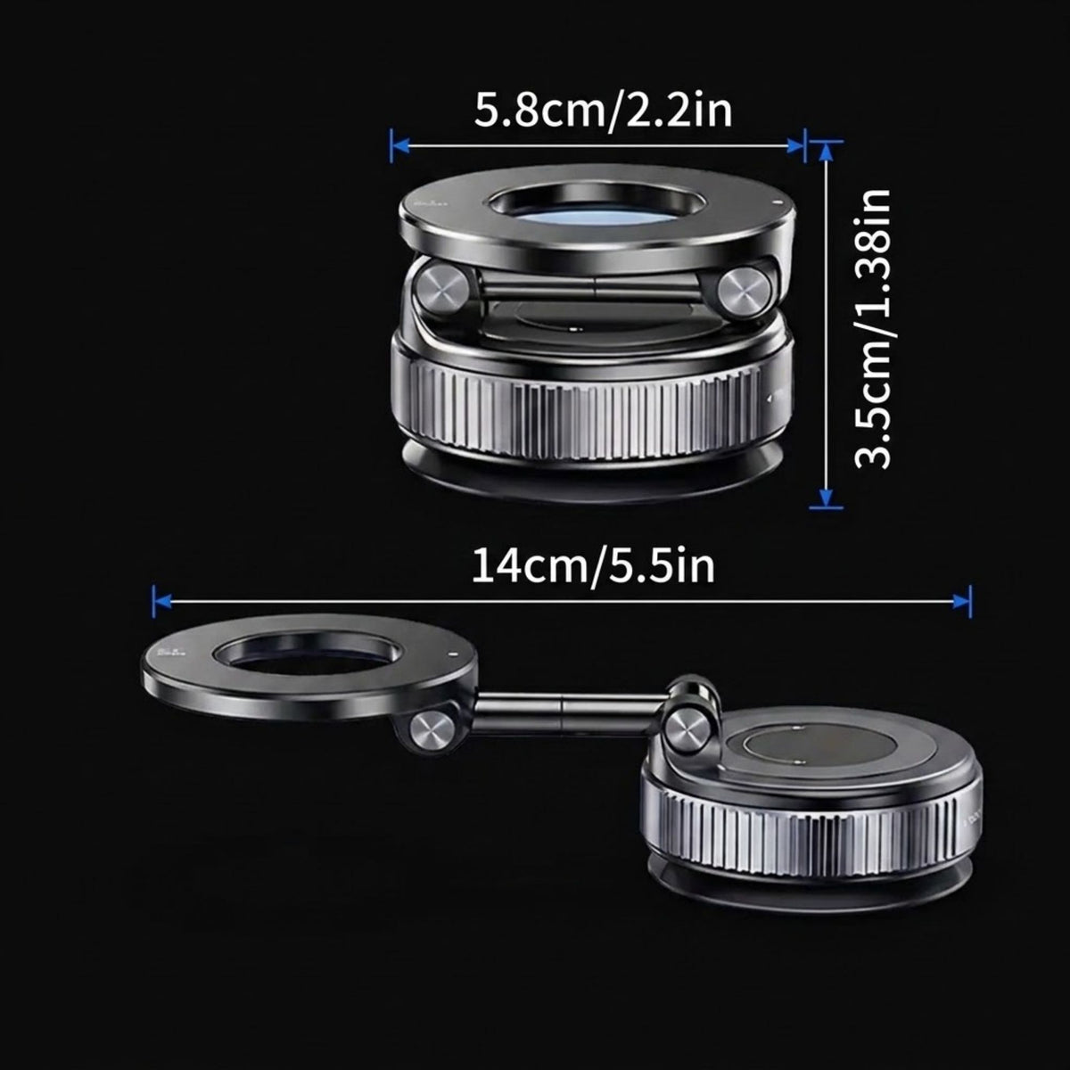 A metallic ring-shaped accessory shown on a black background with overlaid dimension lines and text indicating measurements: 5.8cm/2.