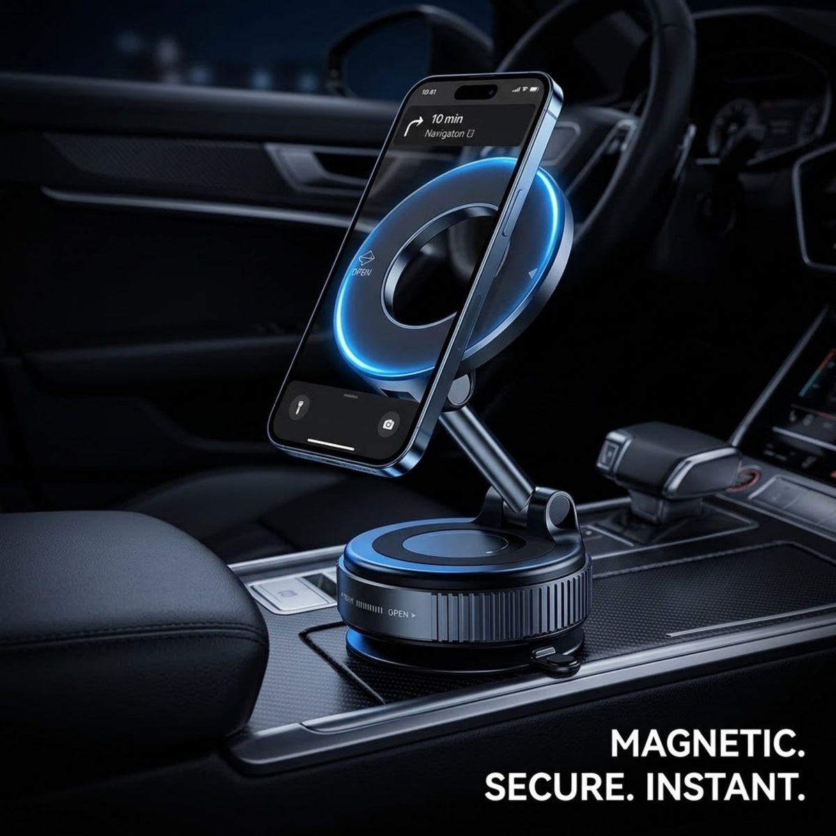 A magnetic car phone mount holding a smartphone in a car's center console. The mount has a circular wireless charging surface and a flexible arm, with glowing blue ring light effects around the phone.