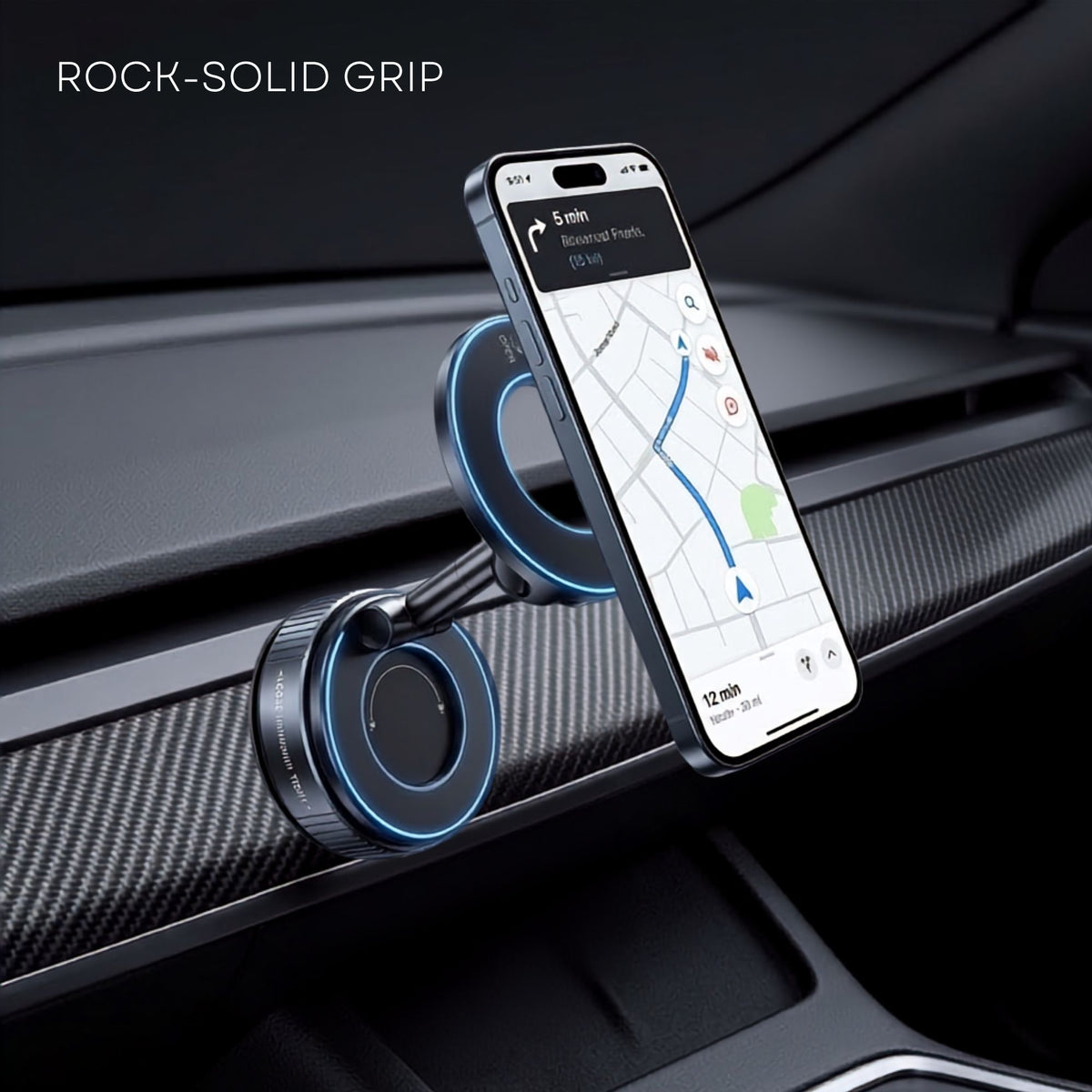 A car dashboard air vent magnetic phone mount holding a smartphone, shown installed in a real car interior with carbon-fiber trim and the text 'ROCK-SOLID GRIP' in the top left.