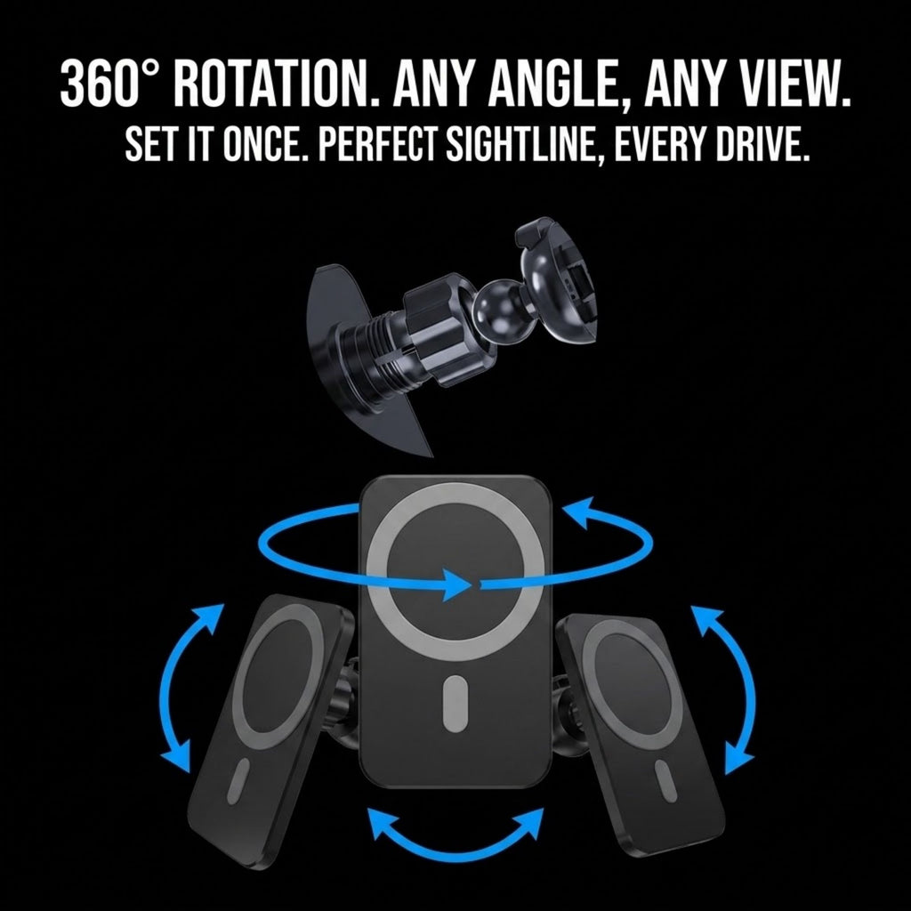 Black magnetic car phone mount with three adjustable phone holders and blue arrows showing 360-degree rotation, on a black background with promotional text.