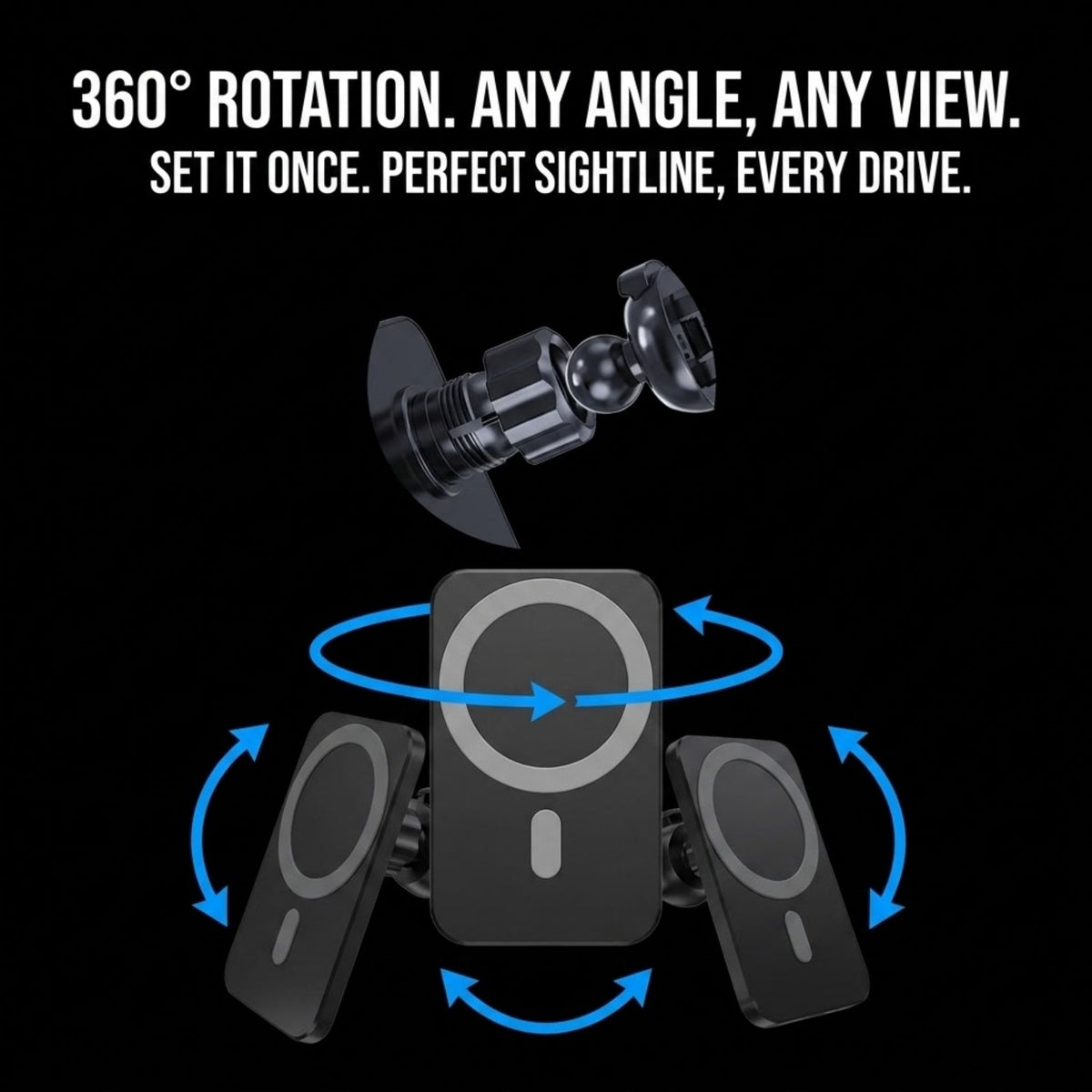 Black magnetic car phone mount with three adjustable phone holders and blue arrows showing 360-degree rotation, on a black background with promotional text.