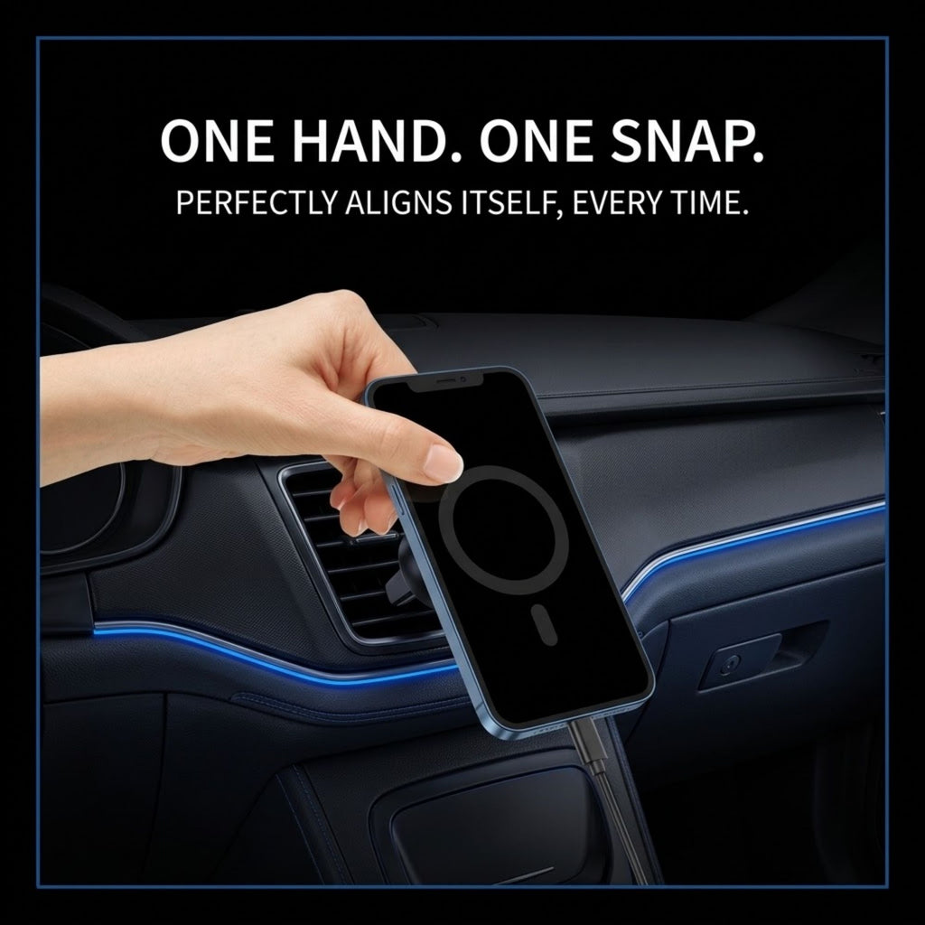 A hand holding a smartphone over a car air vent dashboard, demonstrating a wireless MagSafe-style phone mount. The image features a black background with white text at the top reading 'ONE HAND.