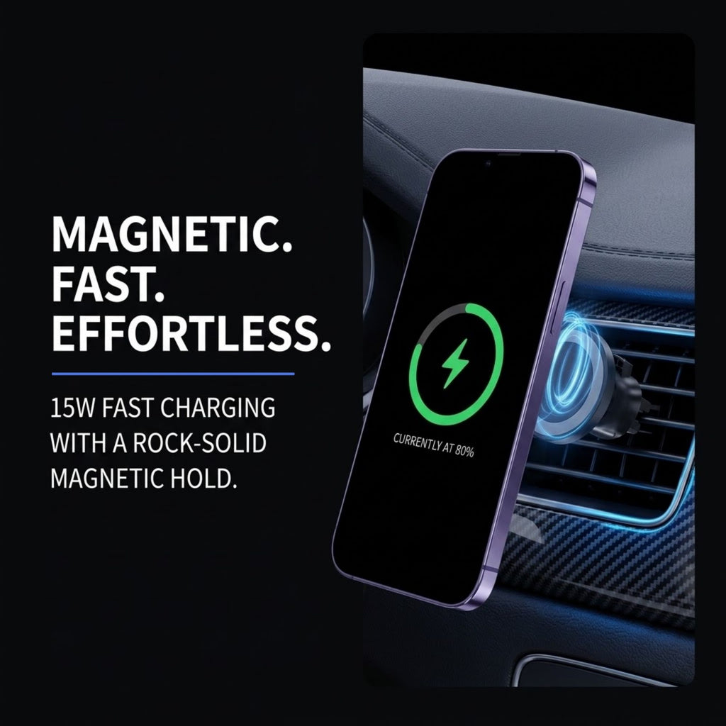A magnetic phone charger holding a smartphone at a car air vent, with promotional text on a dark background. The phone screen shows a green charging icon and the text 'CURRENTLY AT 80%'.