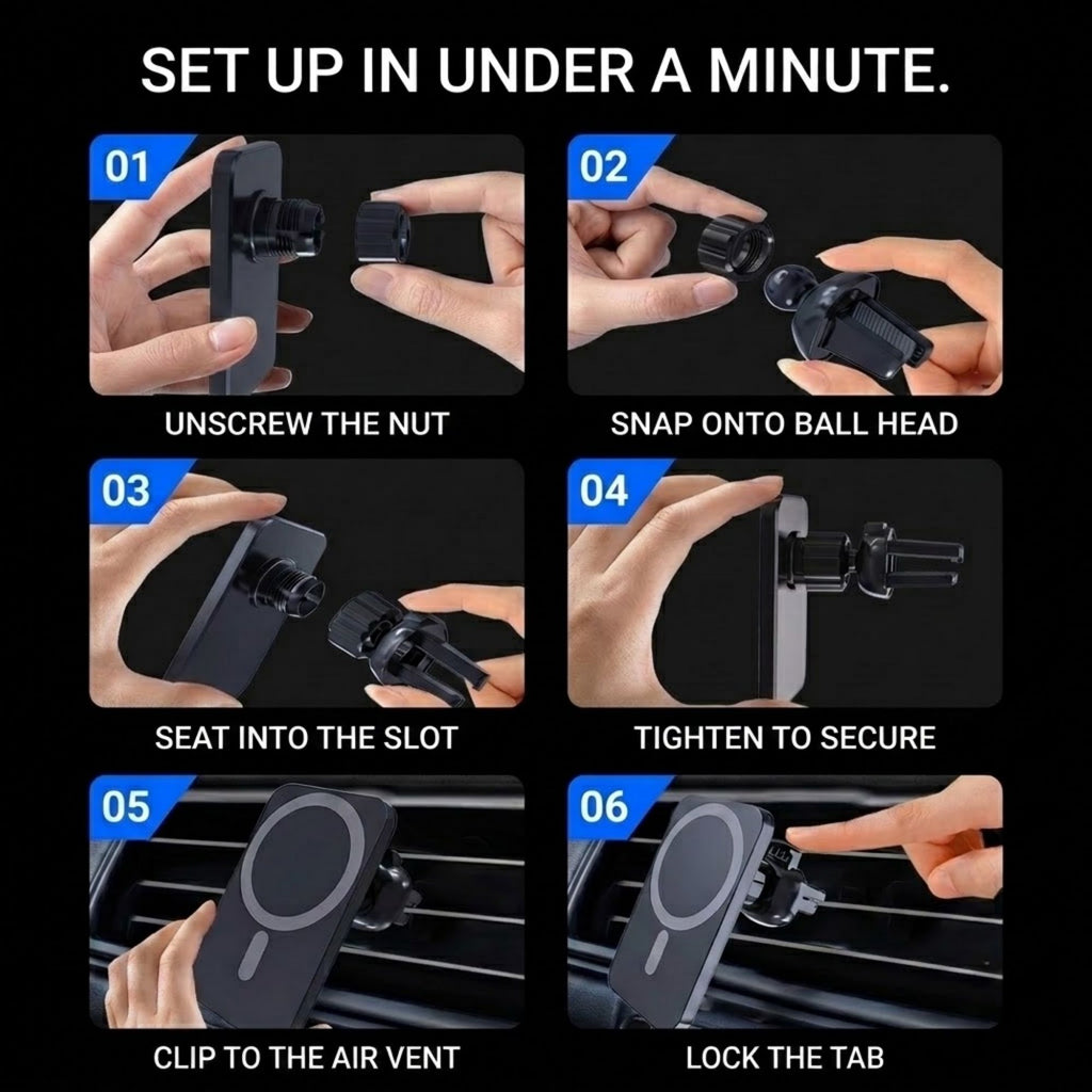 Instructional graphic showing how to mount a phone holder clip onto a car air vent in six numbered steps with hand photos and text labels.