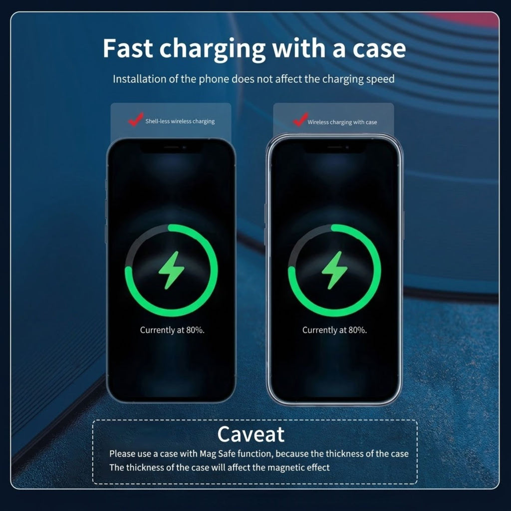 Promotional graphic for a phone charging case, showing two smartphone screens charging at 80% with green lightning icons. Text reads 'Fast charging with a case' and 'Installation of the phone does not affect the charging speed,' plus a caveat about magnetic effects.