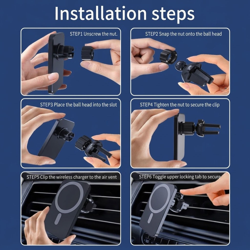 Instruction diagram showing six steps for installing a black wireless car dashboard charger clip onto a windshield air vent, with hands demonstrating each step on a blue background.