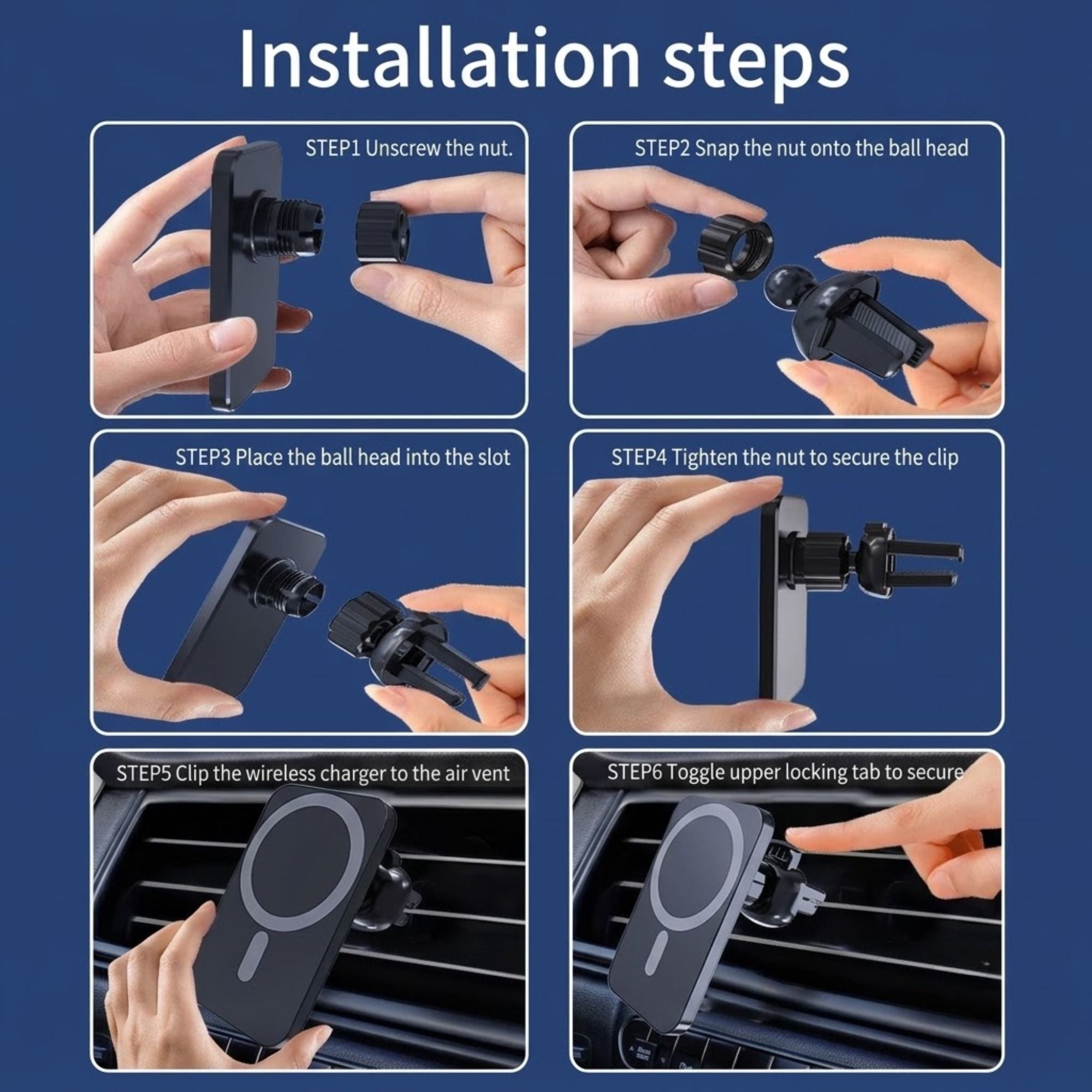 Instruction diagram showing six steps for installing a black wireless car dashboard charger clip onto a windshield air vent, with hands demonstrating each step on a blue background.