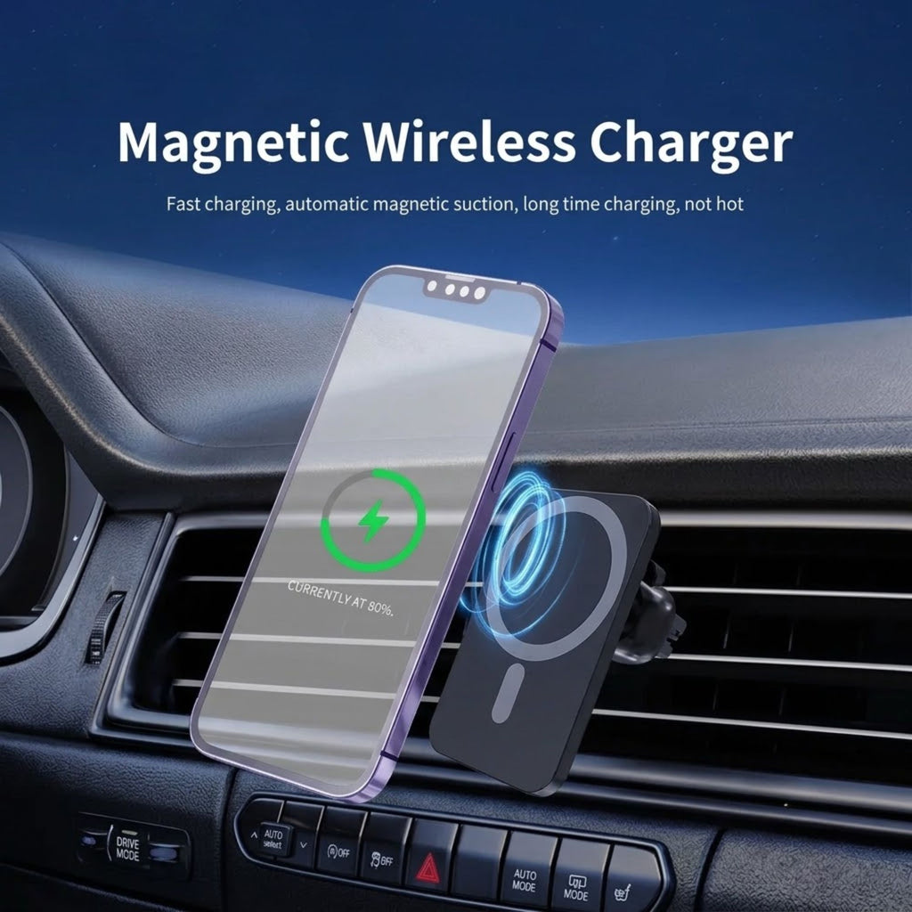 A magnetic wireless car charger mounted on a car dashboard vent, holding a smartphone. The charger is black with a blue magnetic induction ring graphic, and the image includes text reading 'Magnetic Wireless Charger' with feature callouts.
