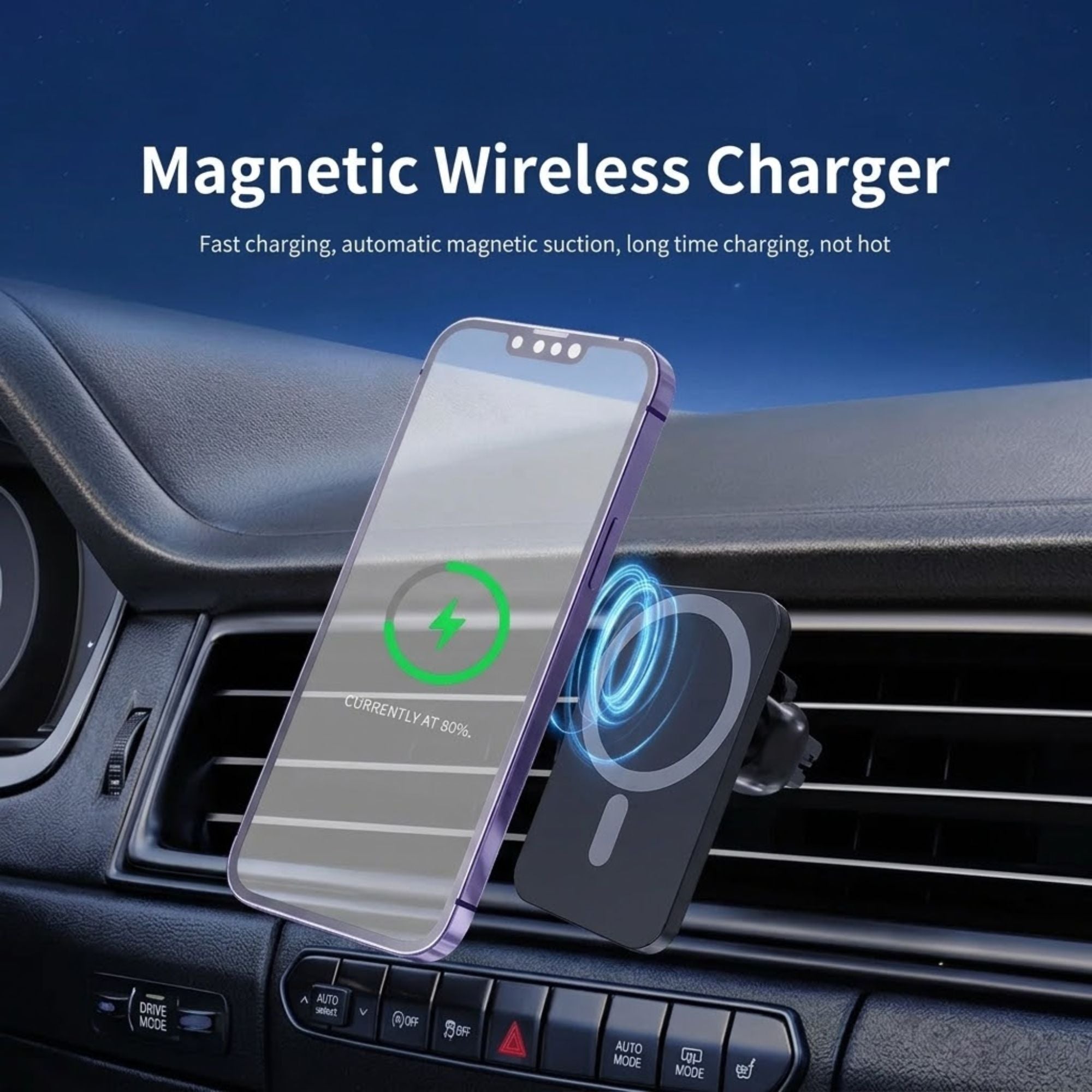 A magnetic wireless car charger mounted on a car dashboard vent, holding a smartphone. The charger is black with a blue magnetic induction ring graphic, and the image includes text reading 'Magnetic Wireless Charger' with feature callouts.