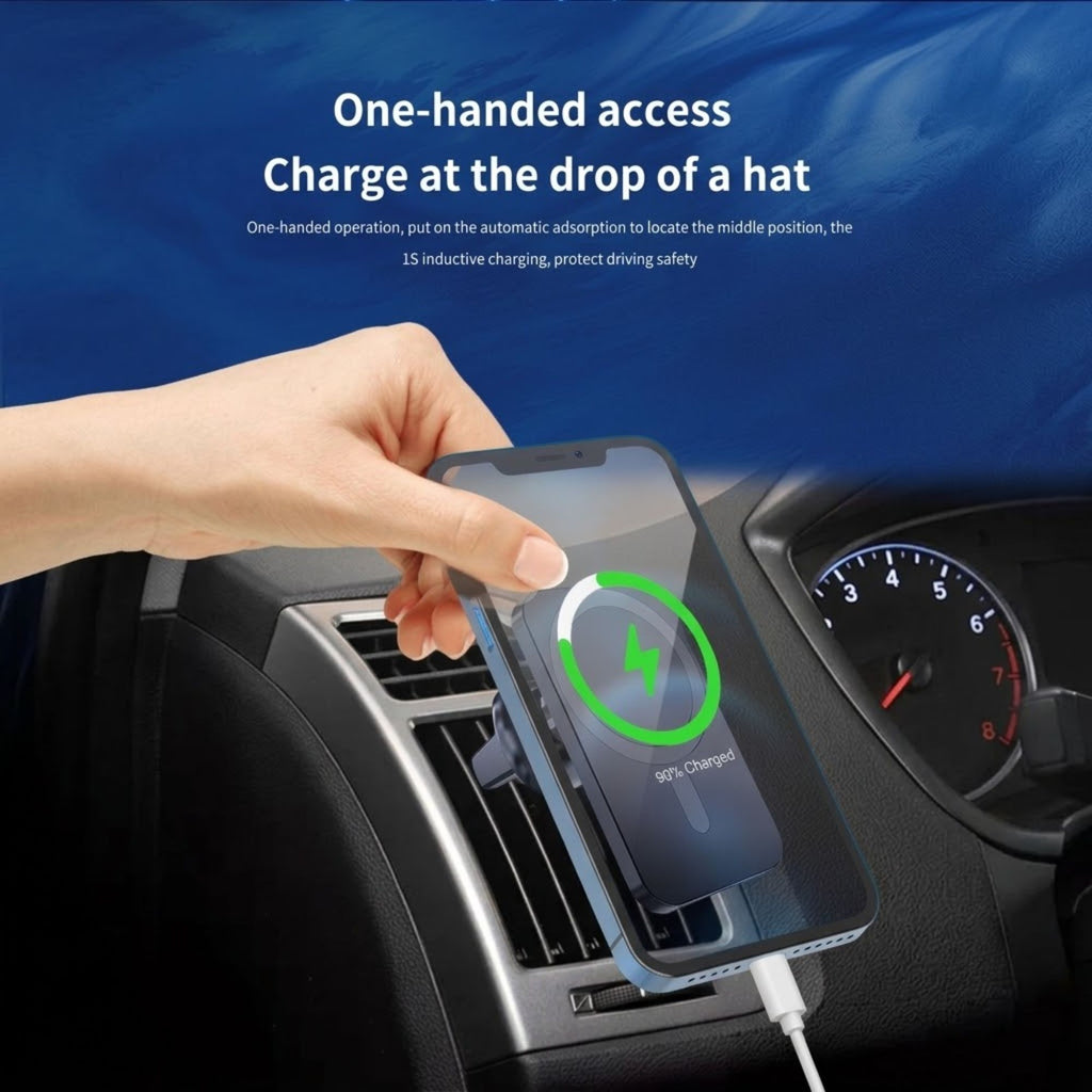 A hand holds a smartphone in a car air vent using a transparent magnetic wireless charger. The phone screen shows a green charging icon, and the background includes a blue graphic with text reading 'One-handed access Charge at the drop of a hat.
