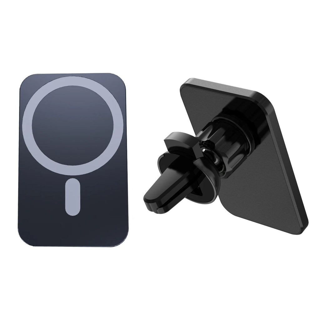 A black magnetic car air vent mount shown from two angles: one facing forward with a circular MagSafe-style ring graphic, and one angled to show the mounting clip and base.