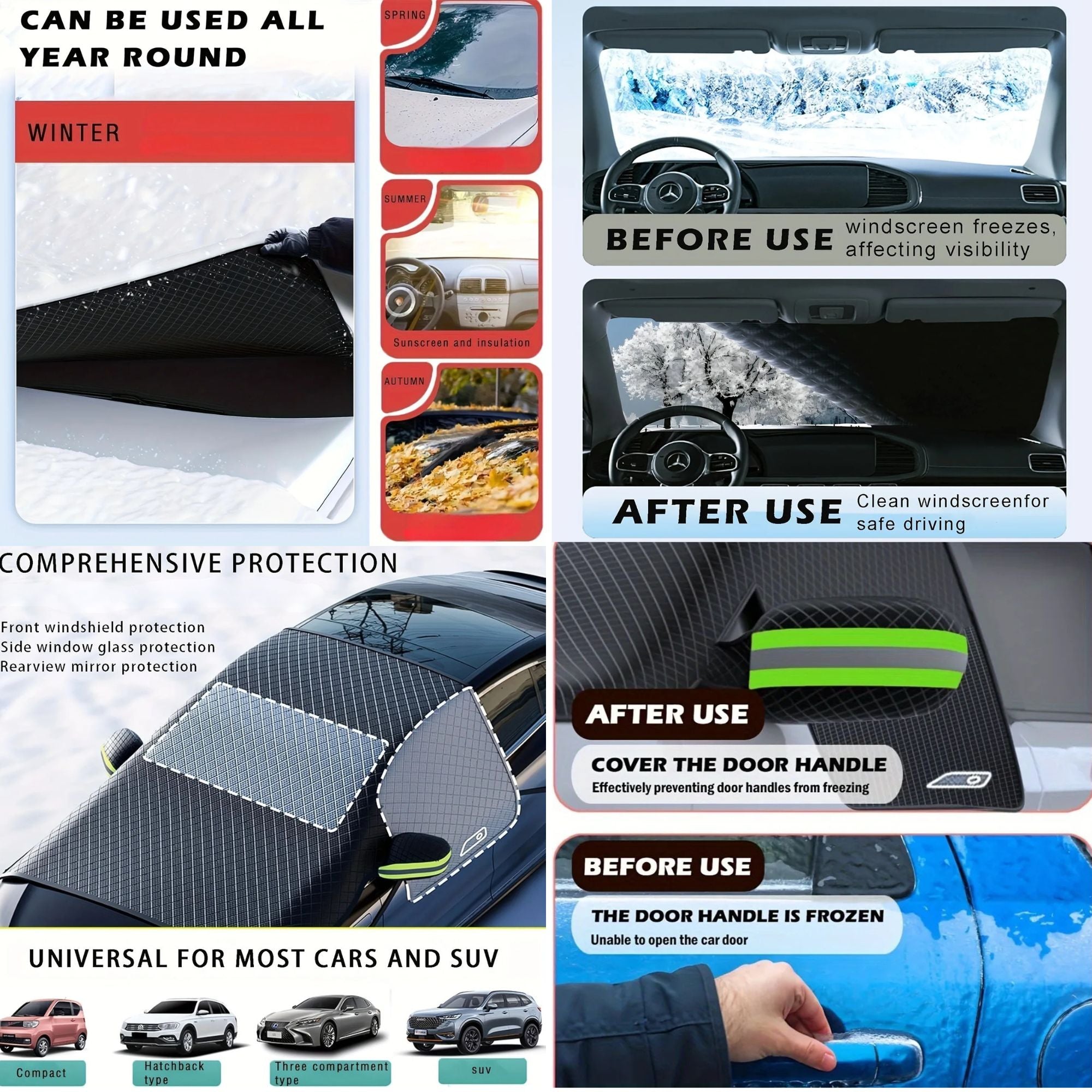 A multi-panel product infographic for a carbon fiber car windshield sunshade set. The collage shows the product applied to a car windshield, with before/after comparisons for frozen and clear windshield visibility, door handle coverage, and a hand demonstrating opening a frozen door handle.