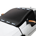 Magnetic Windscreen Sun Shade Cover in black quilted fabric fitted to a white car with orange reflective mirror covers